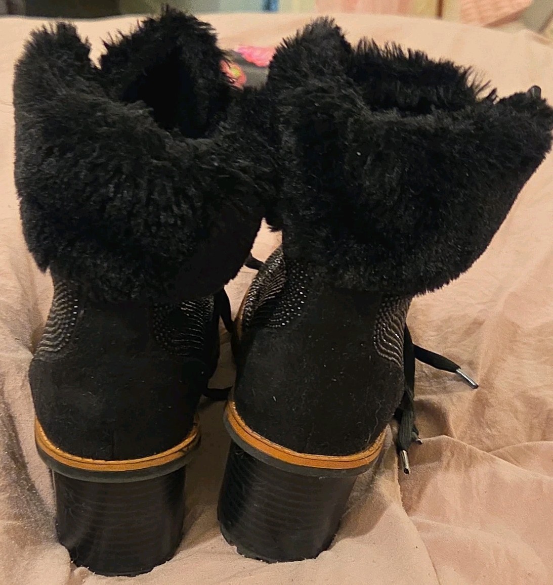 Nanette Lepore «Anais» Black Beaded Sparkle, Faux Fur Trim Stacked Hiker Bootie