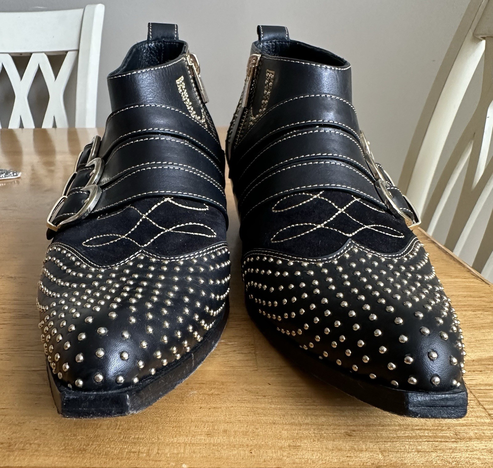 Anine Bing Penny Ankle Boots 37 Black Gold Studded Zipper Buckles 6.5 US