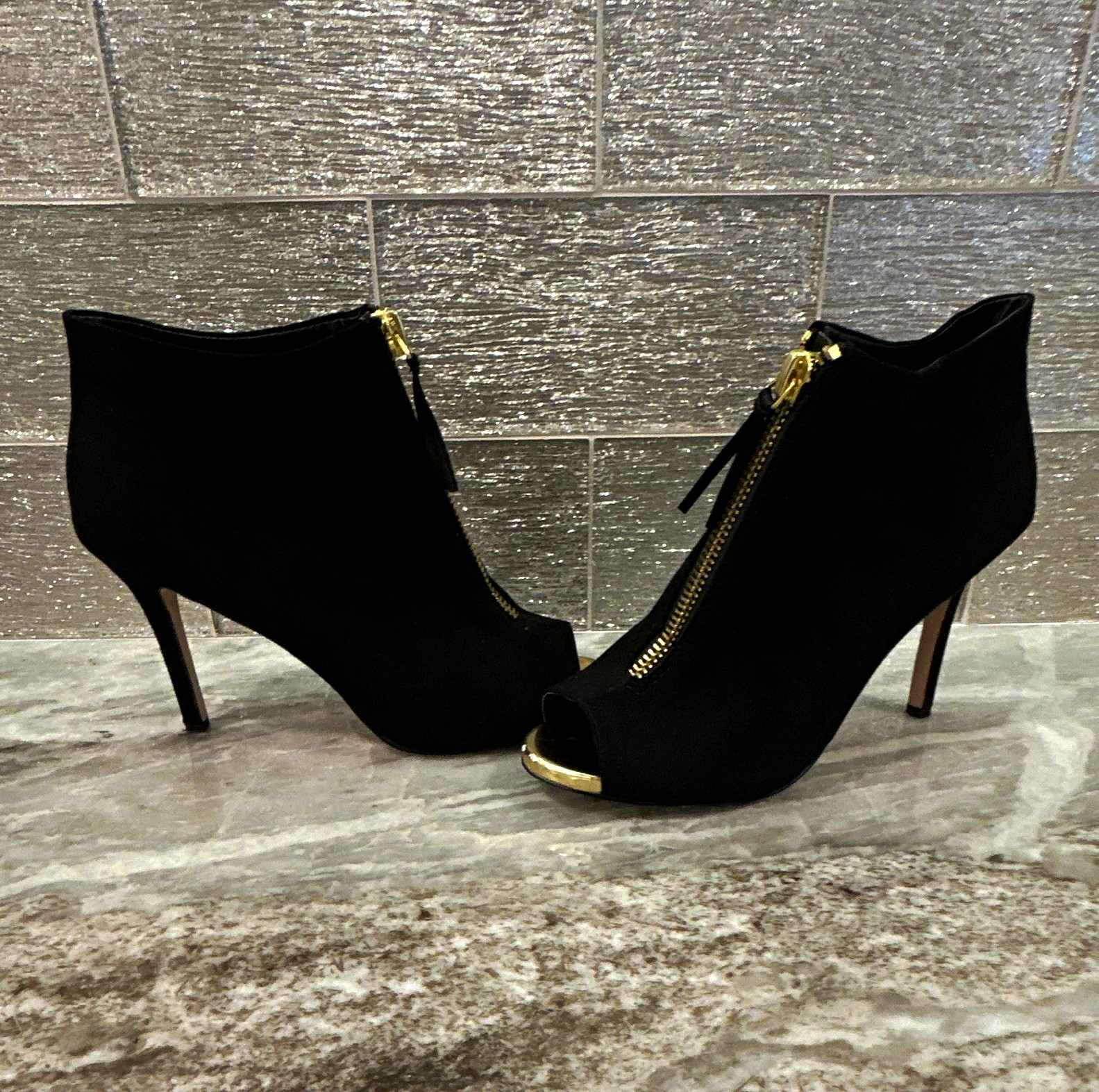 Madden Girl Black Fabric Gold Zip Open Toe Stiletto Heel Booties US 9.5