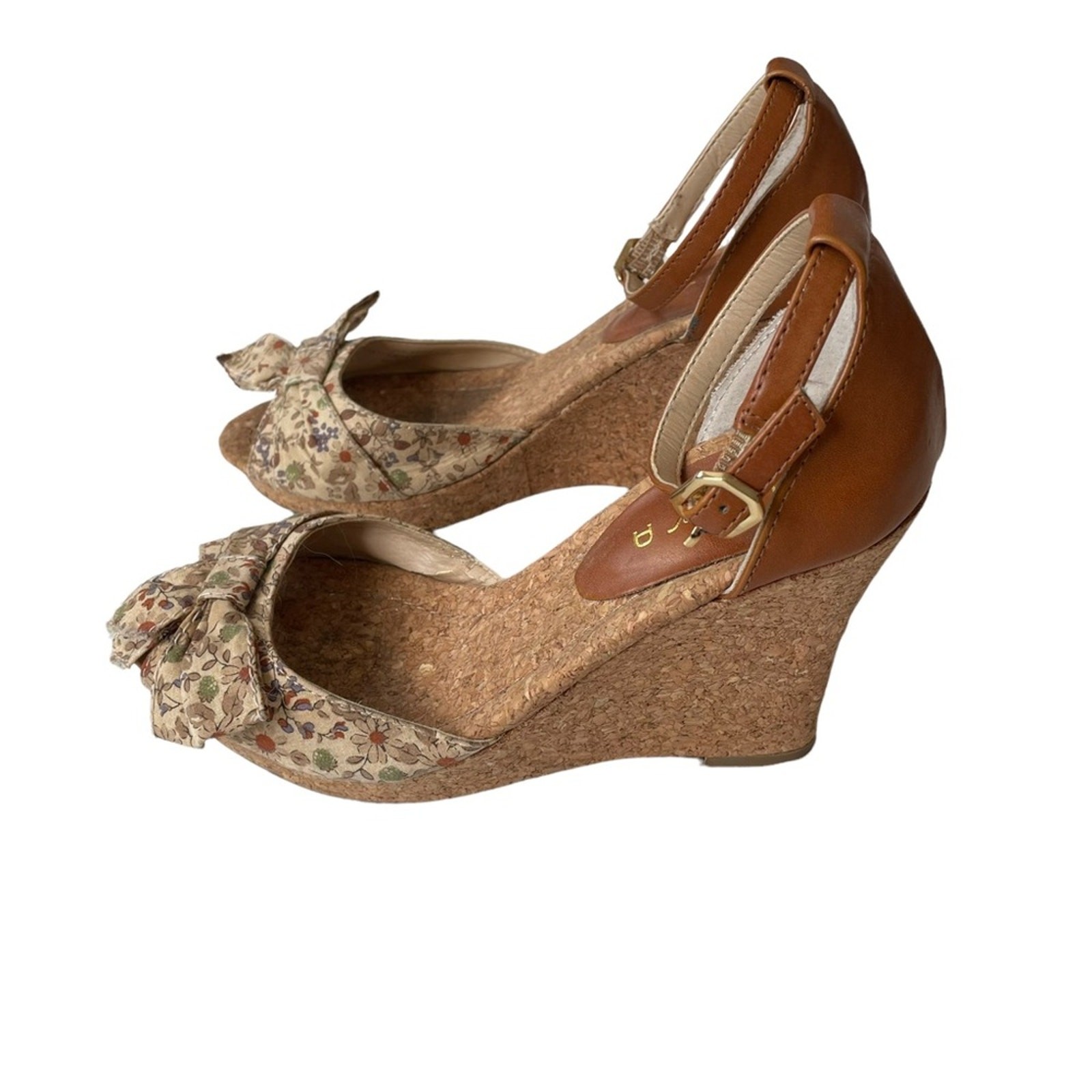 Unisa Wedge Floral Cork Peep Toe Neutral Tan 7 GUC