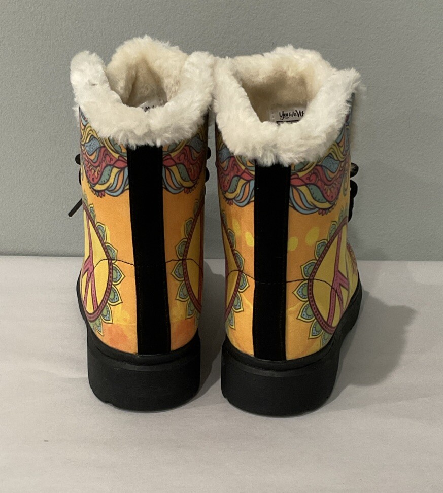 YES WE VIBE Women 6.5 Men 5 Combat Biker Hippie Boho Gothic Boots Peace Sign