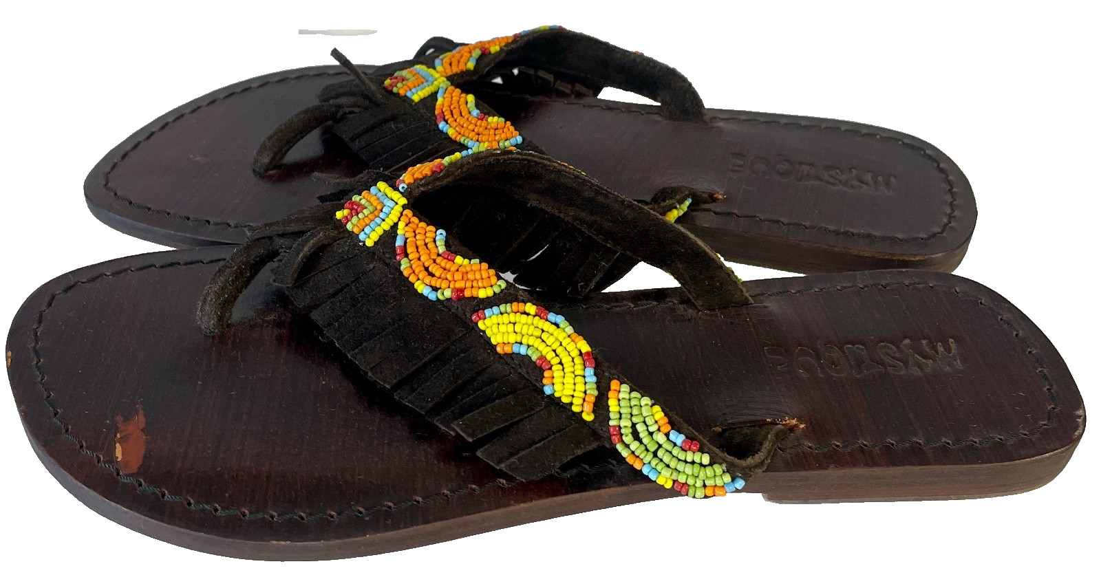 MYSTIQUE Handmade Beaded Suede Leather Fringe Thong Sandal 9 fits 8 Brown $240