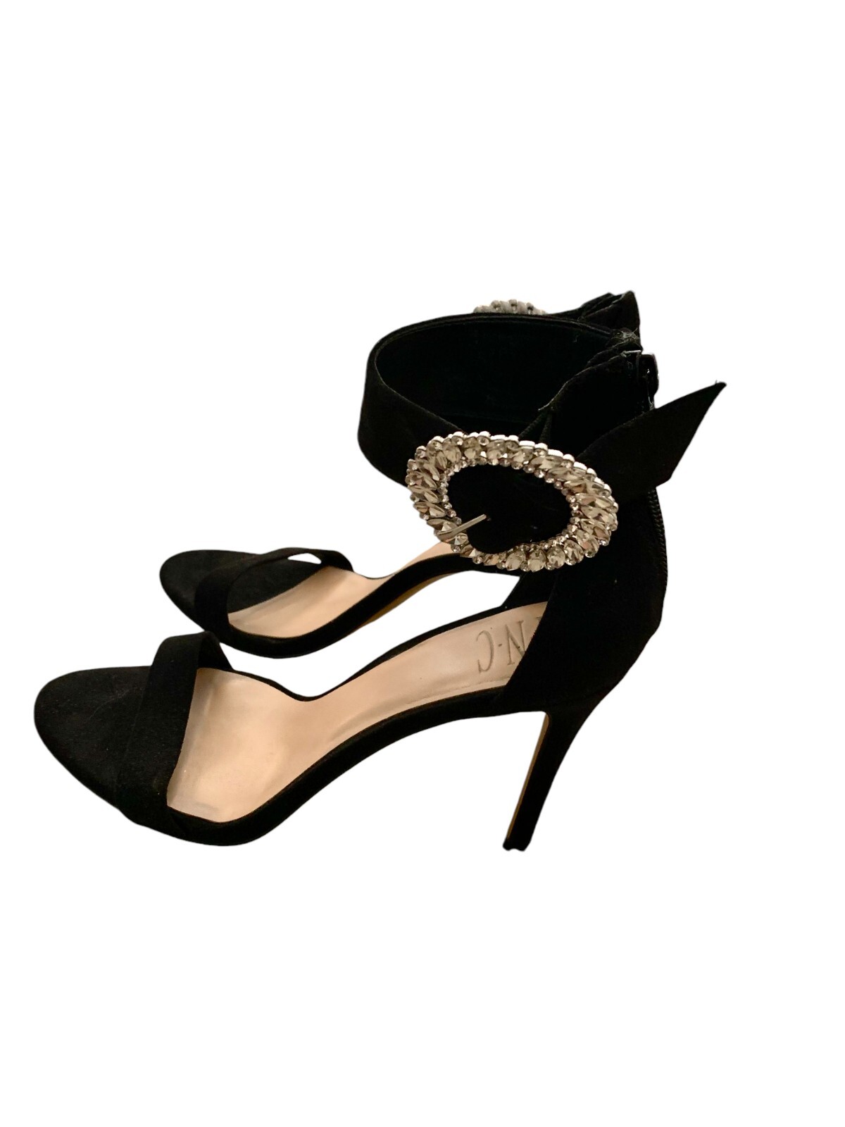 {I.N.C.} Black Stilettos/Heels/Open Toe Sz. 7.5 Velvet w/Rhinestone Buckle