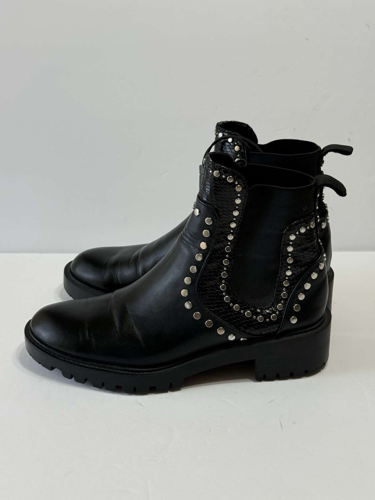 ZARA Black Studded Chunky Lug Sole Biker Ankle Boots Women’s Sz 37 (6.5)