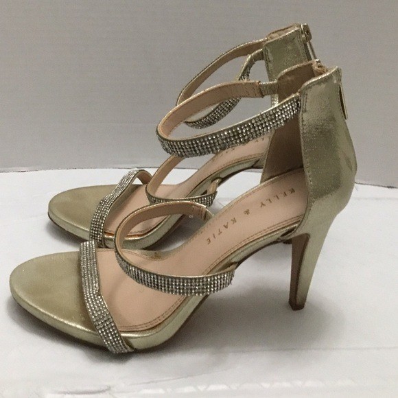 Kelly & Katie Metallic Gold Rhinestone Strappy Heels Ankle Strap Size 7.5