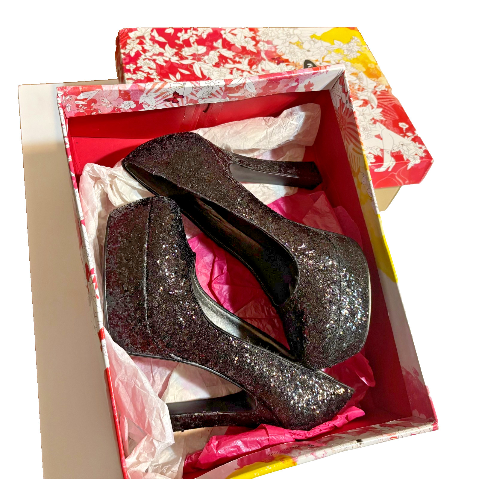 Chinese Laundry Black Glitter Stiletto Platform Heels that are 5»-Size 7M».