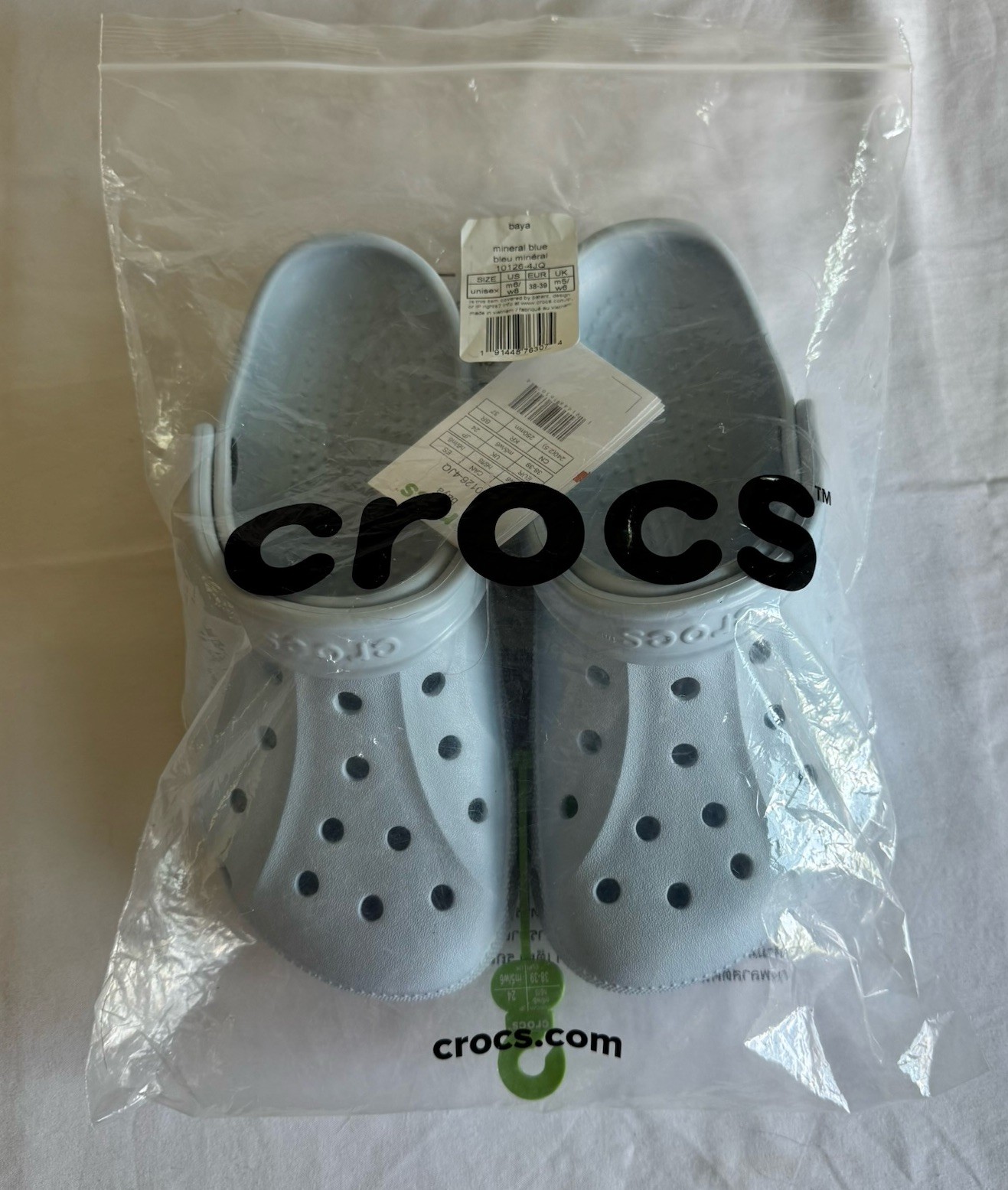 Crocs Baya Clogs Mineral Blue M6 W8 NWT Logo Lightweight Slip On Comfort Unisex