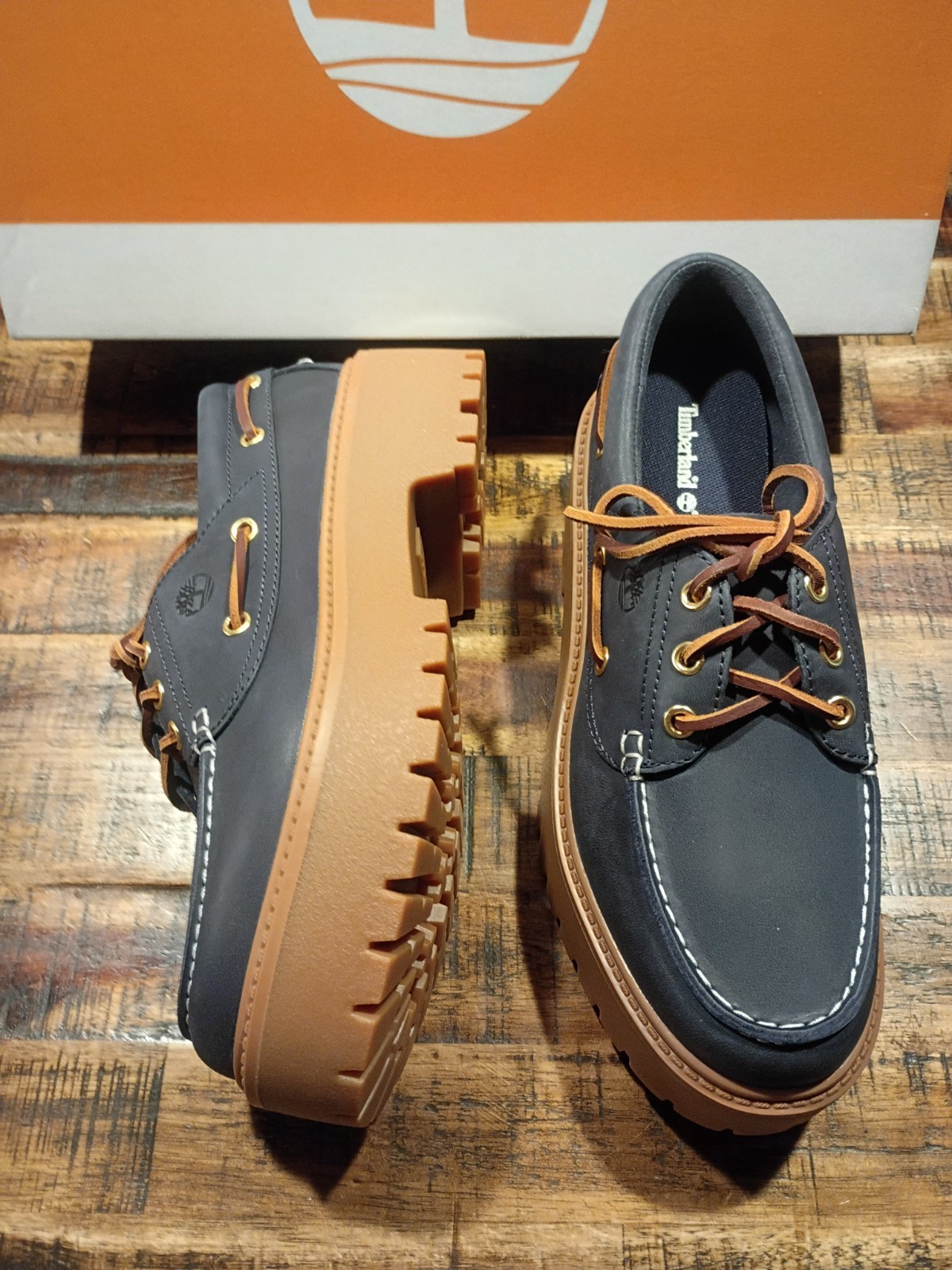 Womens Timberland Stone Street Platform Boat Shoe Dk Blue Premium Leather Sz 8.5