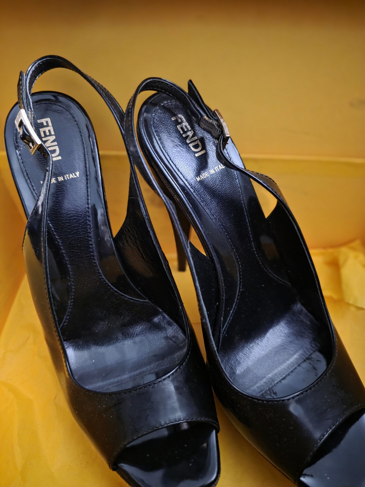 Fendi Black Leather Slingback Peep Toe Stiletto Heels Logo Buckle 8.5