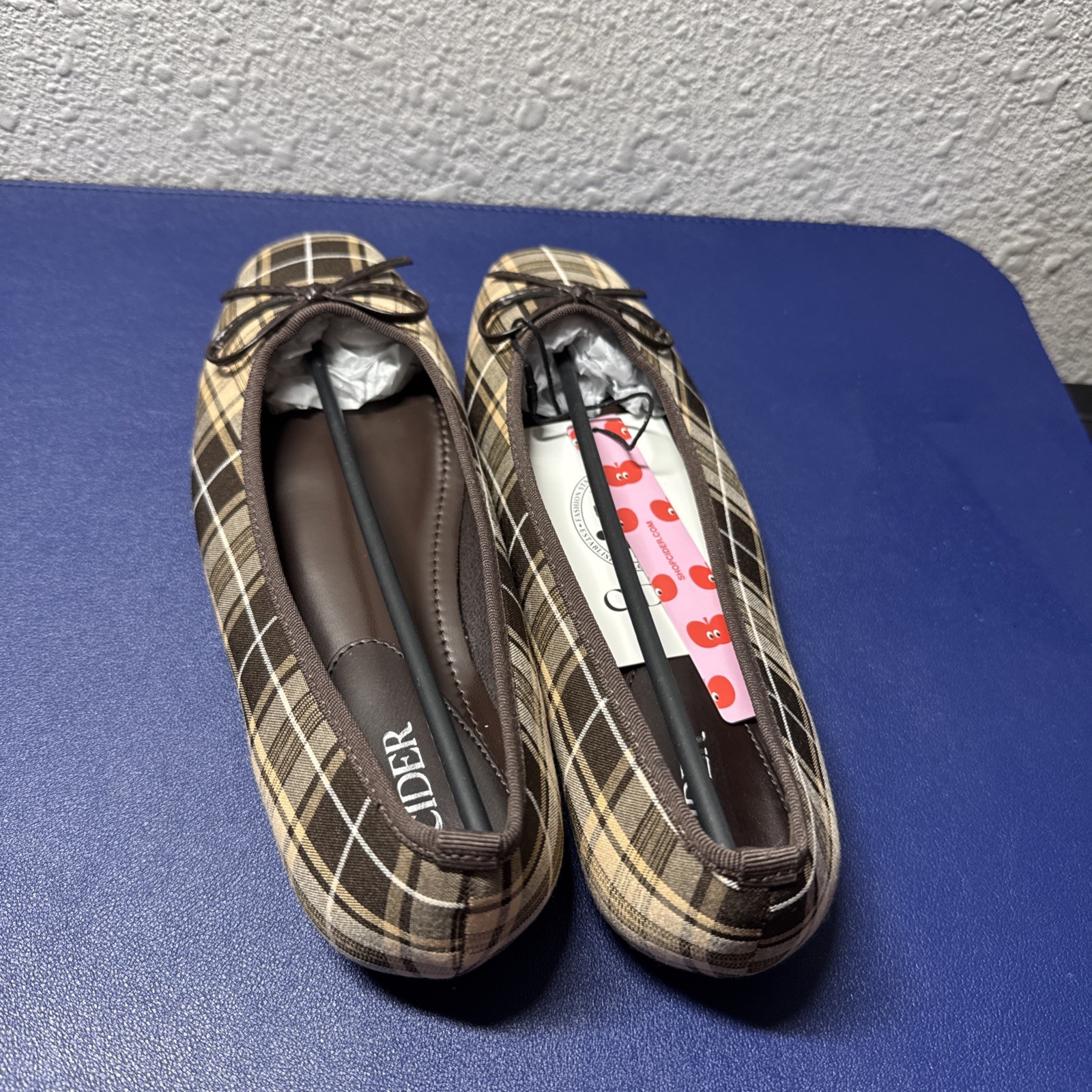 Cider Brown Plaid Bow Ballet Flats Slip-On Cotton Women’s Size 8.5/39