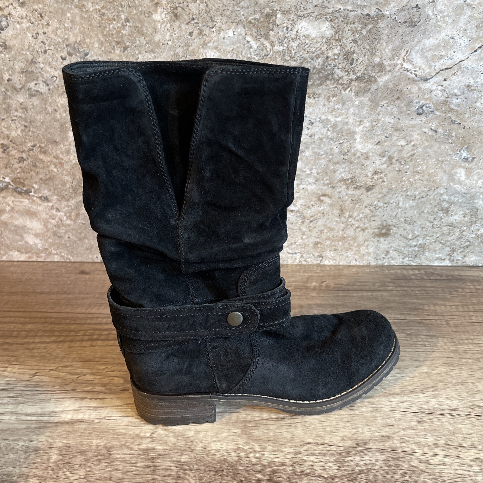 Clarks Women’s Majorca Villa Boots Size 6.5 Slouch Pull On Black Suede Biker