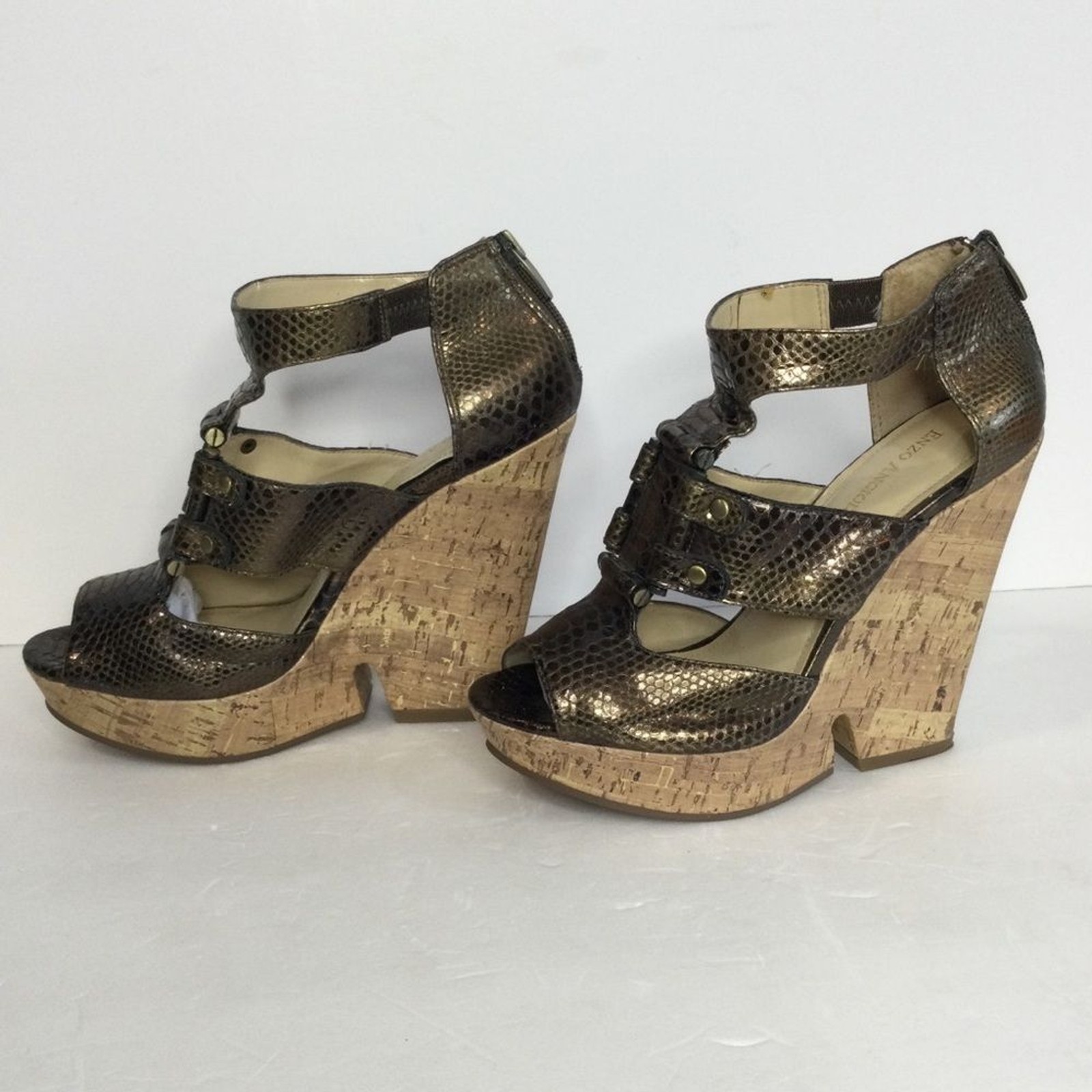 Enzo Angiolini Snake Print Cork Platform Heels