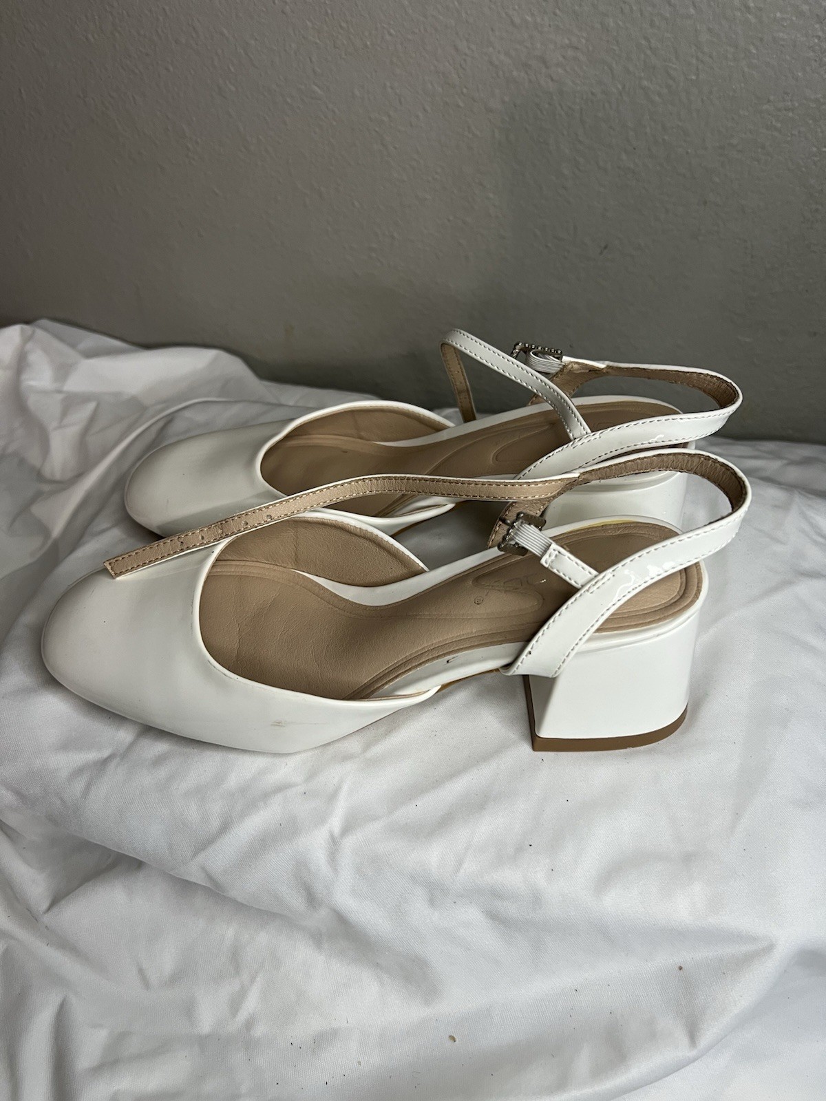Kids White Synthetic Slingback Square Toe Ankle Strap Block Heel Pumps Buckle 8