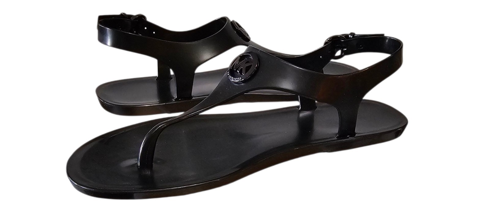 MICHAEL KORS MK PLATE ICONIC JELLY PVC LOGO THONG GUNMETAL SANDALS SIZE 8M 38.5