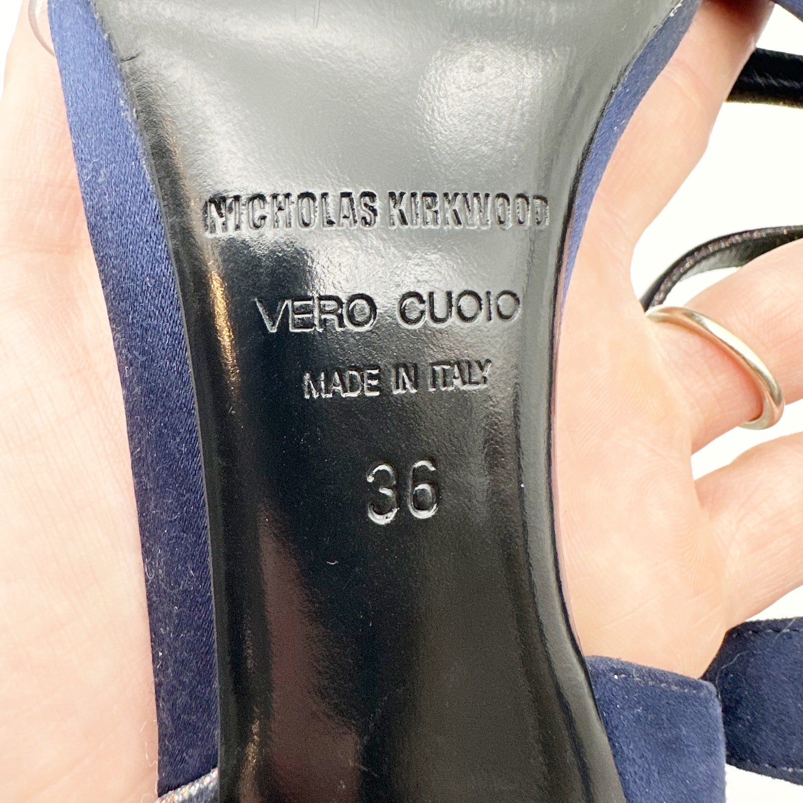 Nicholas Kirkwood Sandals Heels Navy Blue Suede Slingback Glitter Trim PVC 36
