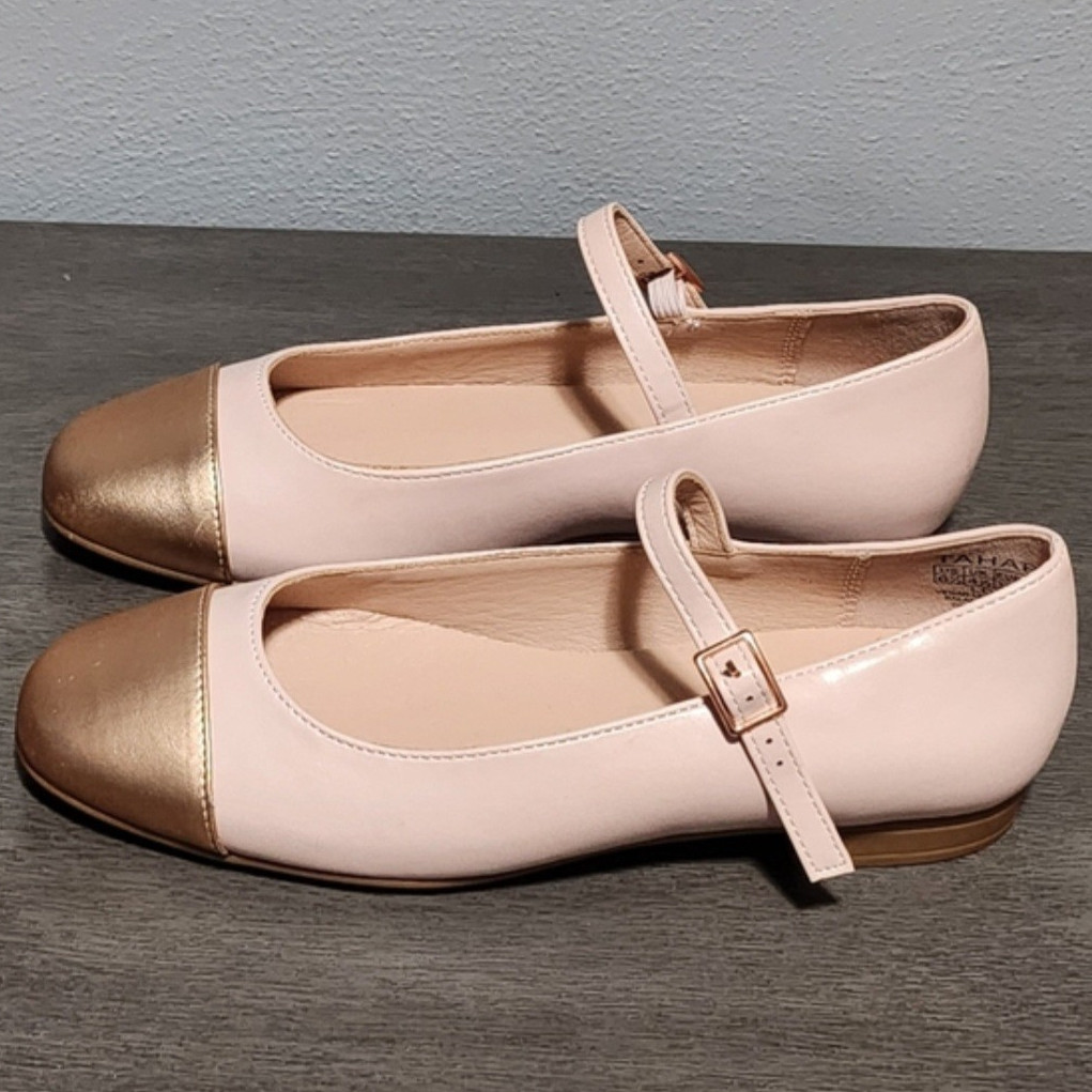 TAHARI Mary Jane Ballet Flats Womens 6.5 Pink Gold Cap Toe Balletcore Lolita