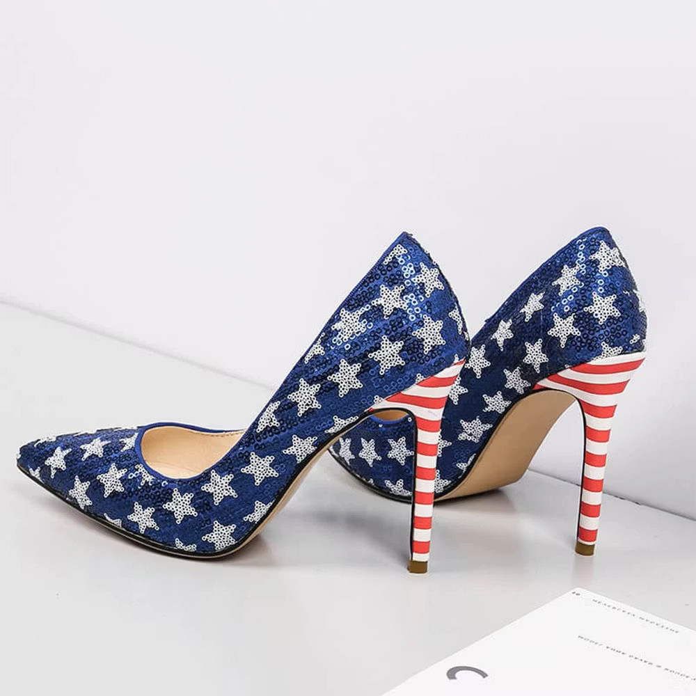 Navy USA Flag Print Pointed Toe Sequin Stiletto Heel Pumps Shoes FSJ202510089-3