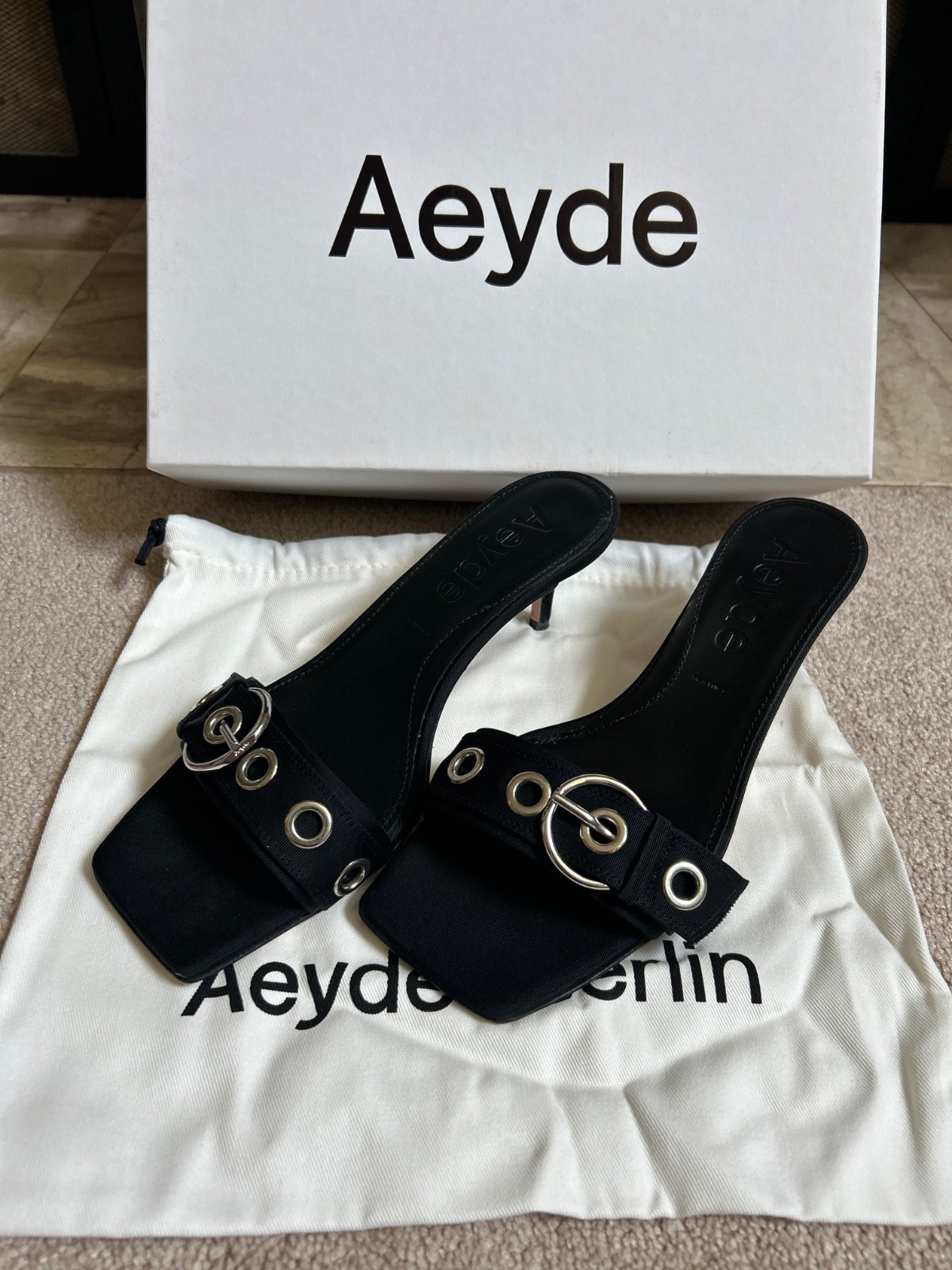 NEW $450 AEYDE «Ilvy» Eyelet Grosgrain Mules Heel Sandals – Black – EU 38 / US 7
