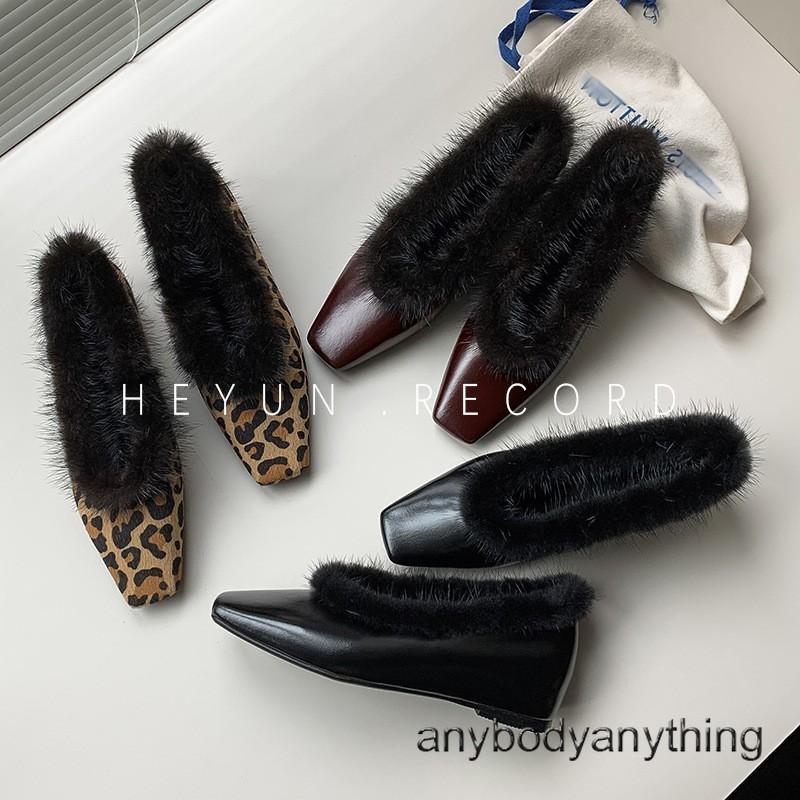 Women Square Toe Real Leather Leopard Print Mink Fur 3.5cm Low Hidden Heel Shoes