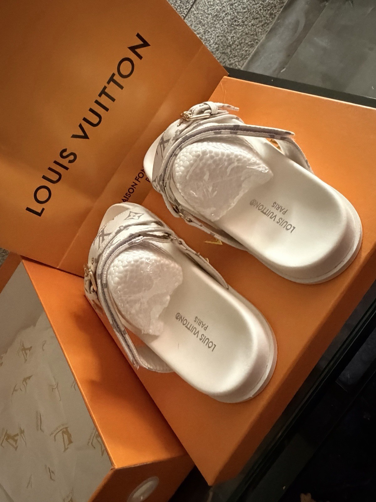Louis Vuitton Women’s White Monogram Double Strap Buckle Slide Sandals