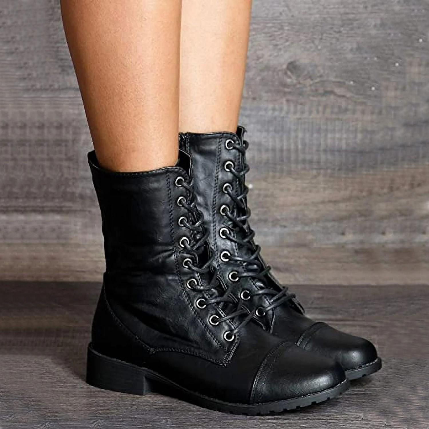 New Women’s Lace-Up Combat Military Moto Ankle Booties Boot Block Heel Round Toe