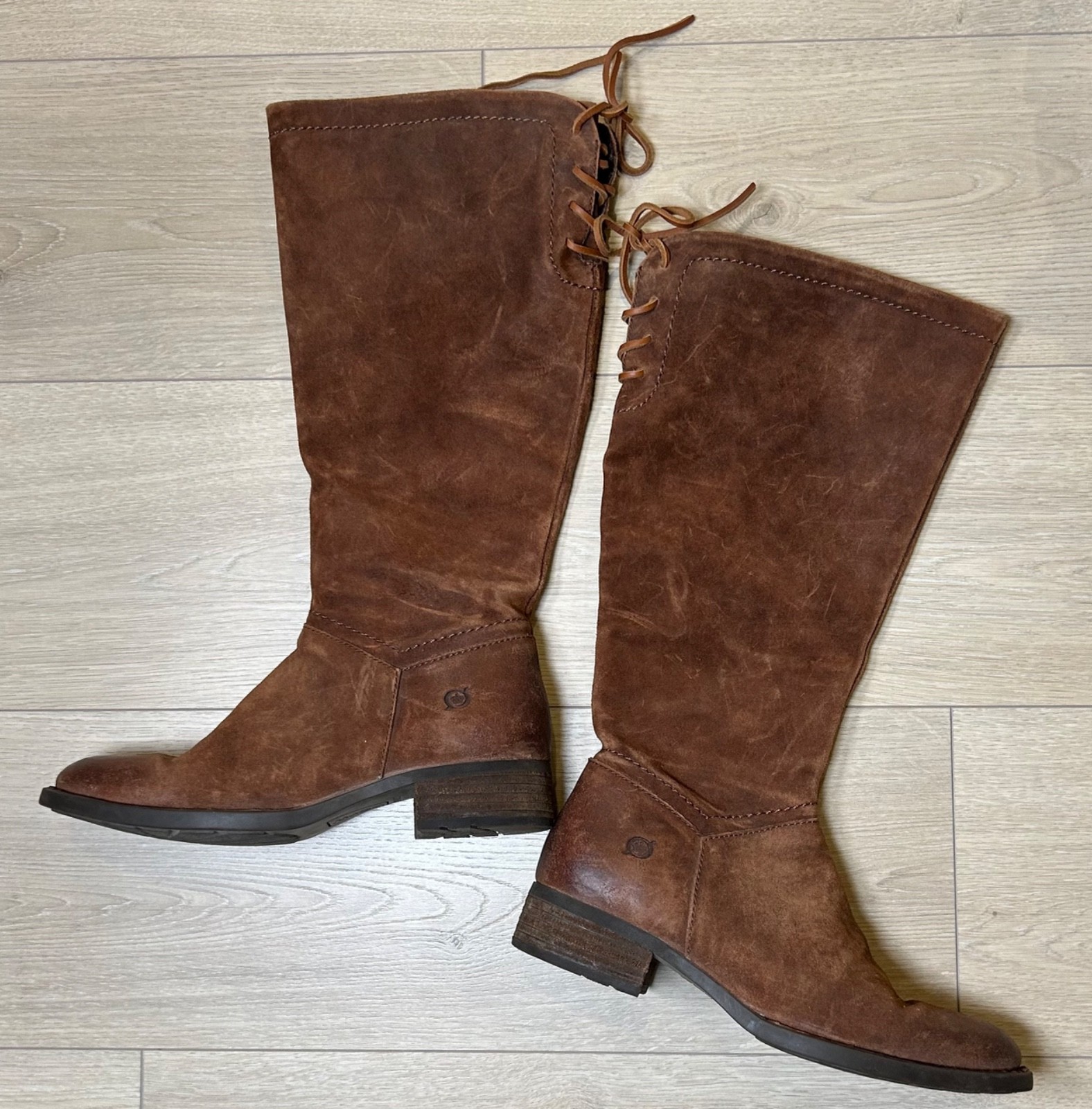 Born Hayden Tall Riding Boots Womens 8 Rust Tobacco Distressed Leather Lace Zip