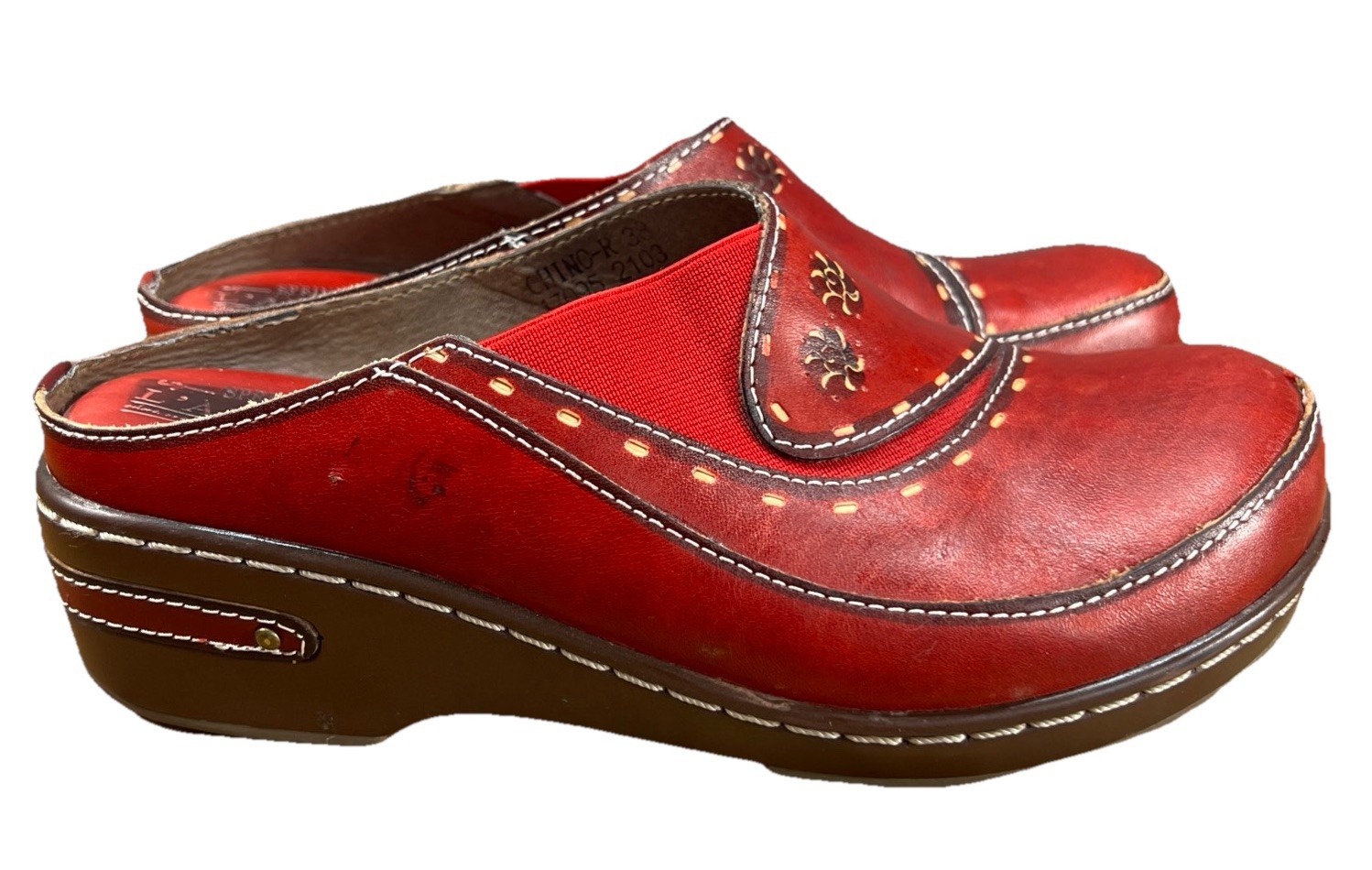 Spring Step Chino Clogs Mules Womens 7-7.5 US – 38 EU Red Hand Painted Leather
