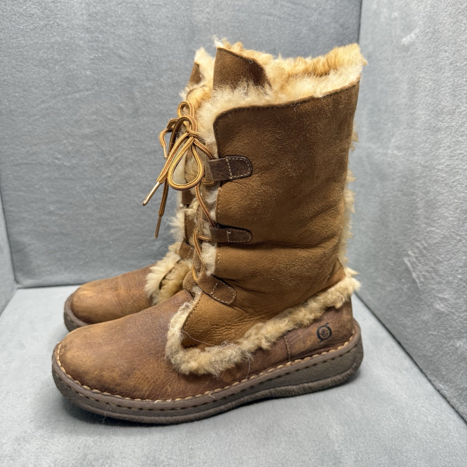 Born Yuma Women’s 6 Brown Leather Shearling Lined Lace-Up Mid-Calf Boots