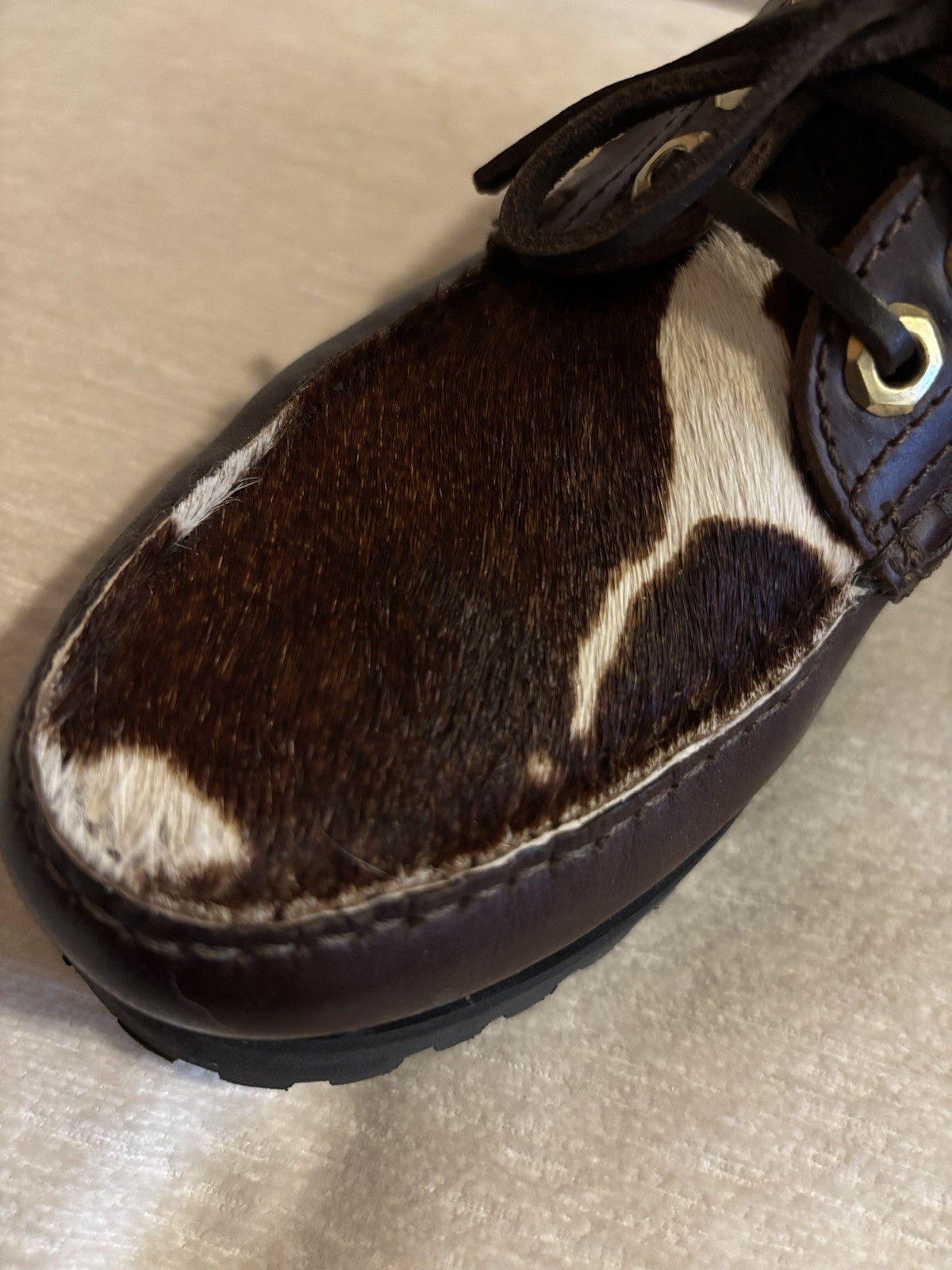 Anthropologie Maeve Lug Sole Boat Shoes Chocolate Brown Leather Cow Hair SZ 7.5