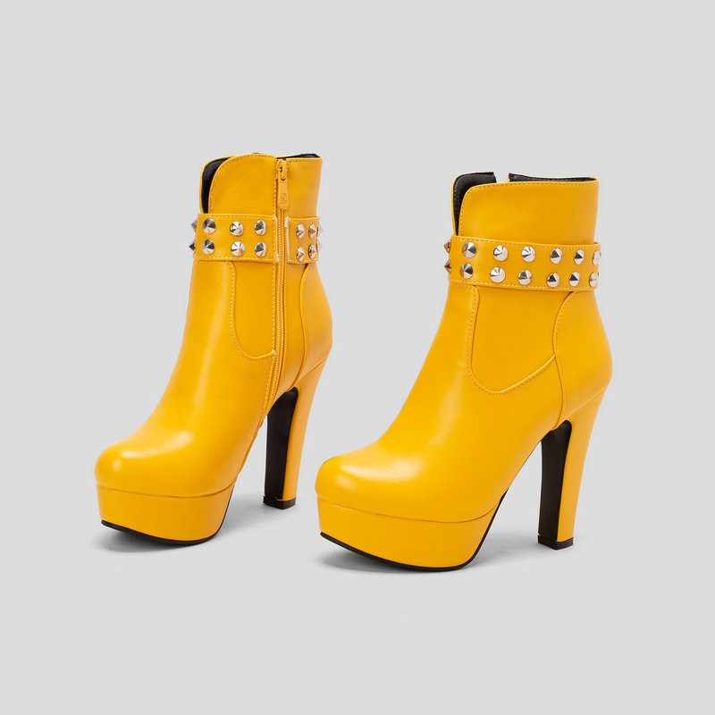 Womens Club Ankle Boots Block High Heels Platform Round Toe Zipper Rivets Shoes