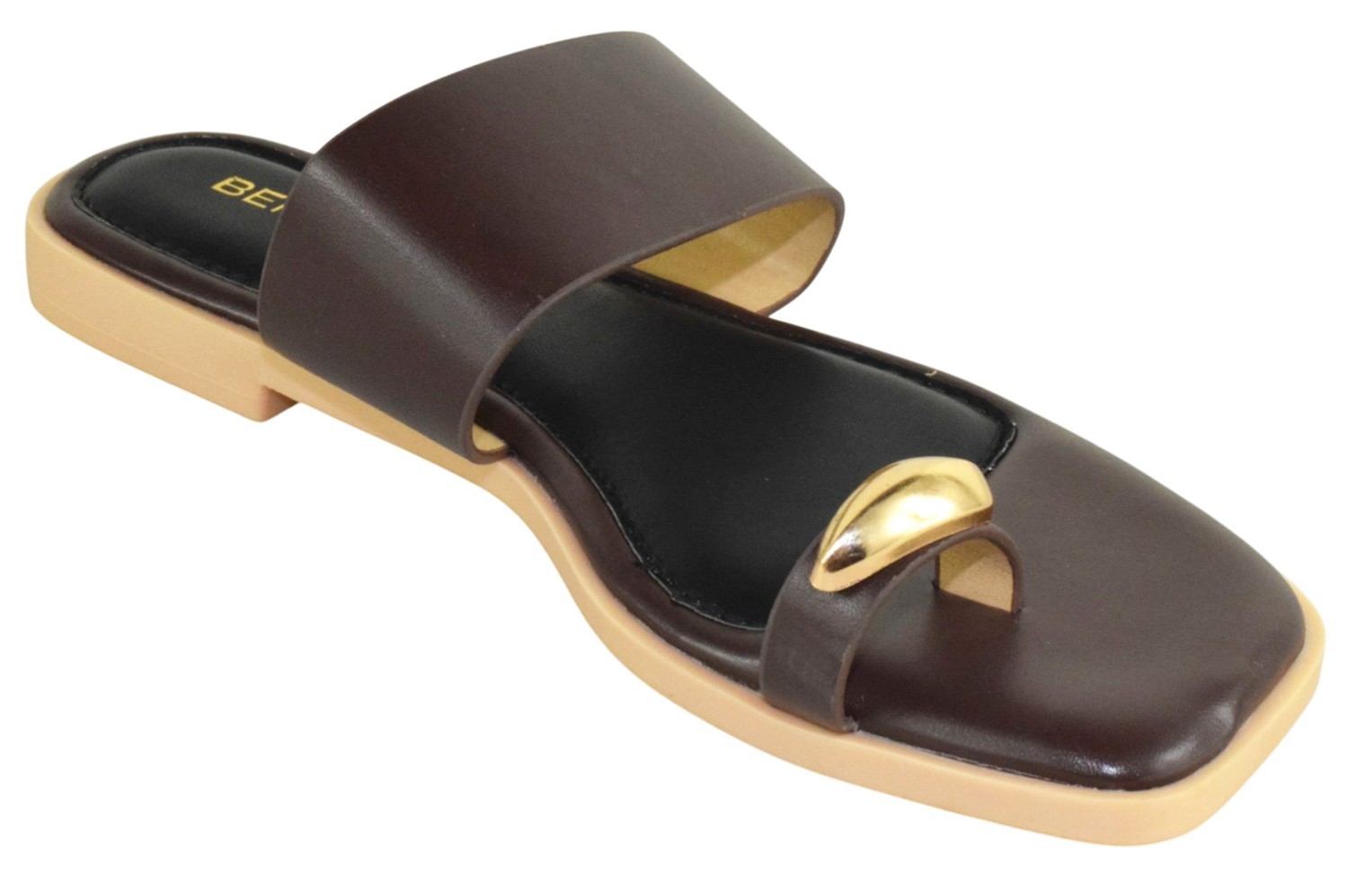 Berness Women Toe Ring Slide Sandals Gold Accent Cushione Flat KAMILA Dark Brown