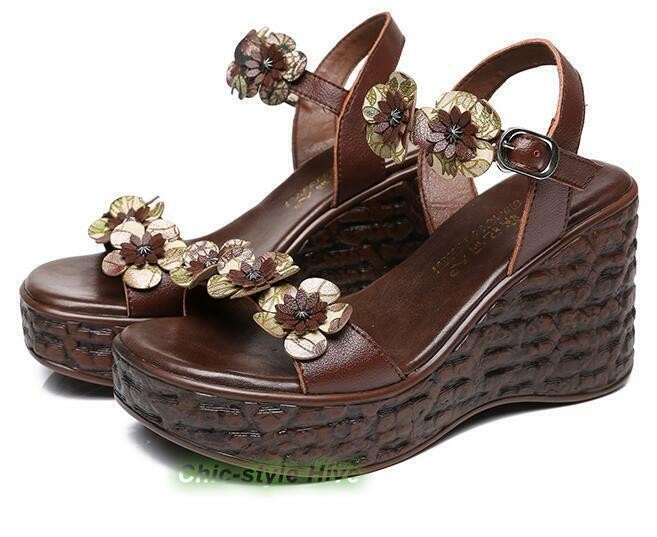 Women Floral Casual Retro Platform Wedge Heels Peep Toe Fashion Sandals Shoes