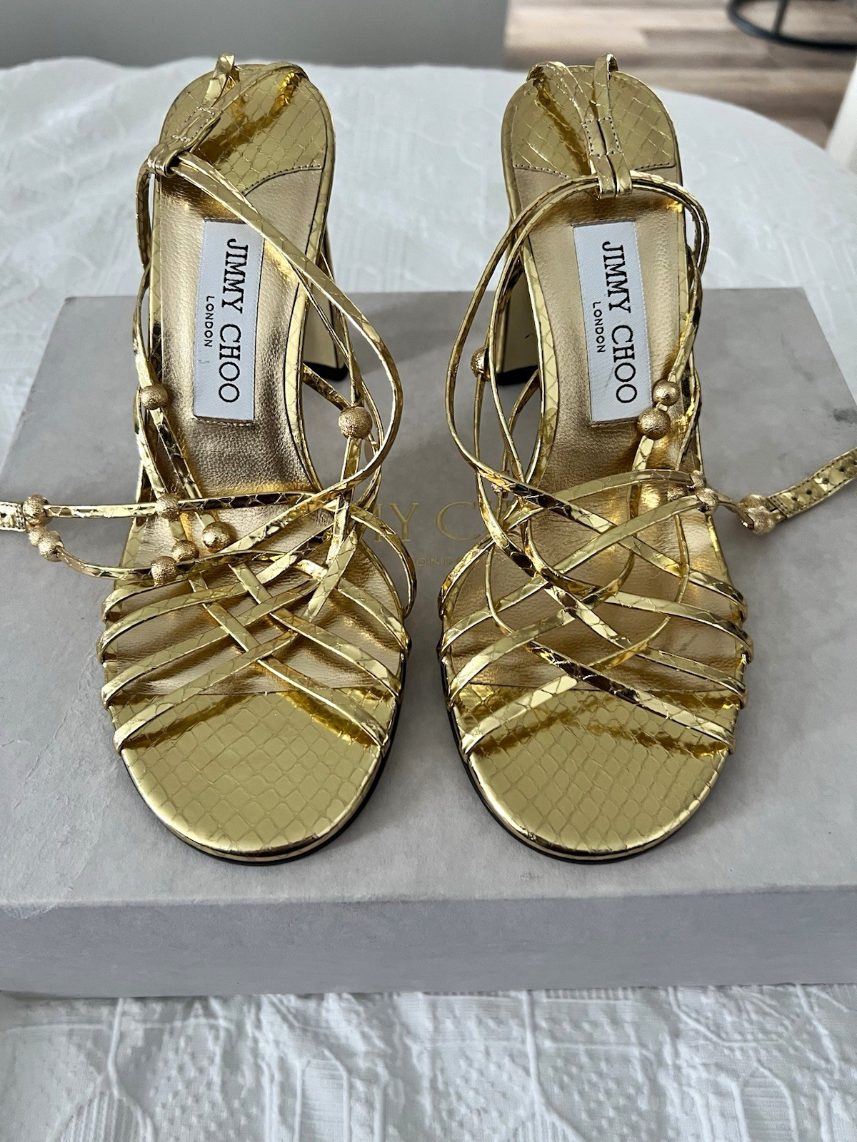 Jimmy Choo Felice 95 NWB Gold Leather Strappy Ankle Strap Heel Sandals EU 37