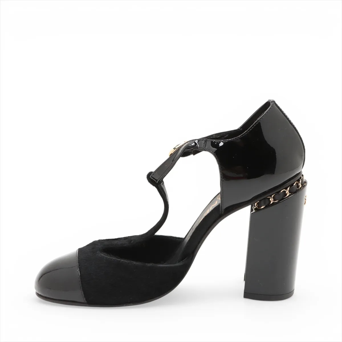 Chanel Coco Mark Chain Cowhide x Patent Leather Strap Pumps 38 Ladies’ Black Mar