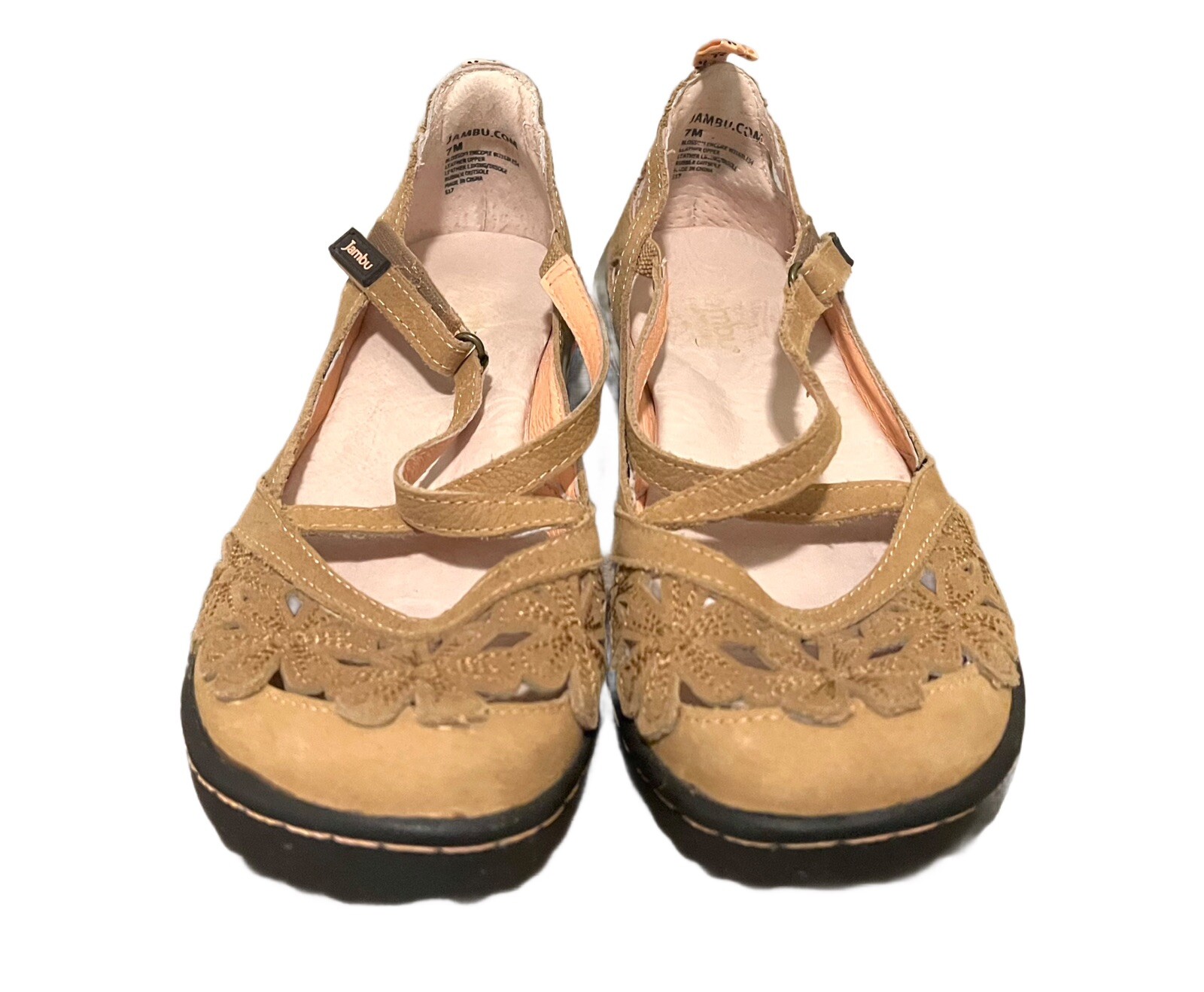 Jambu Women’s Blossom Encore Flats Shoes Tan Pink Flower Design Leather Sz 7