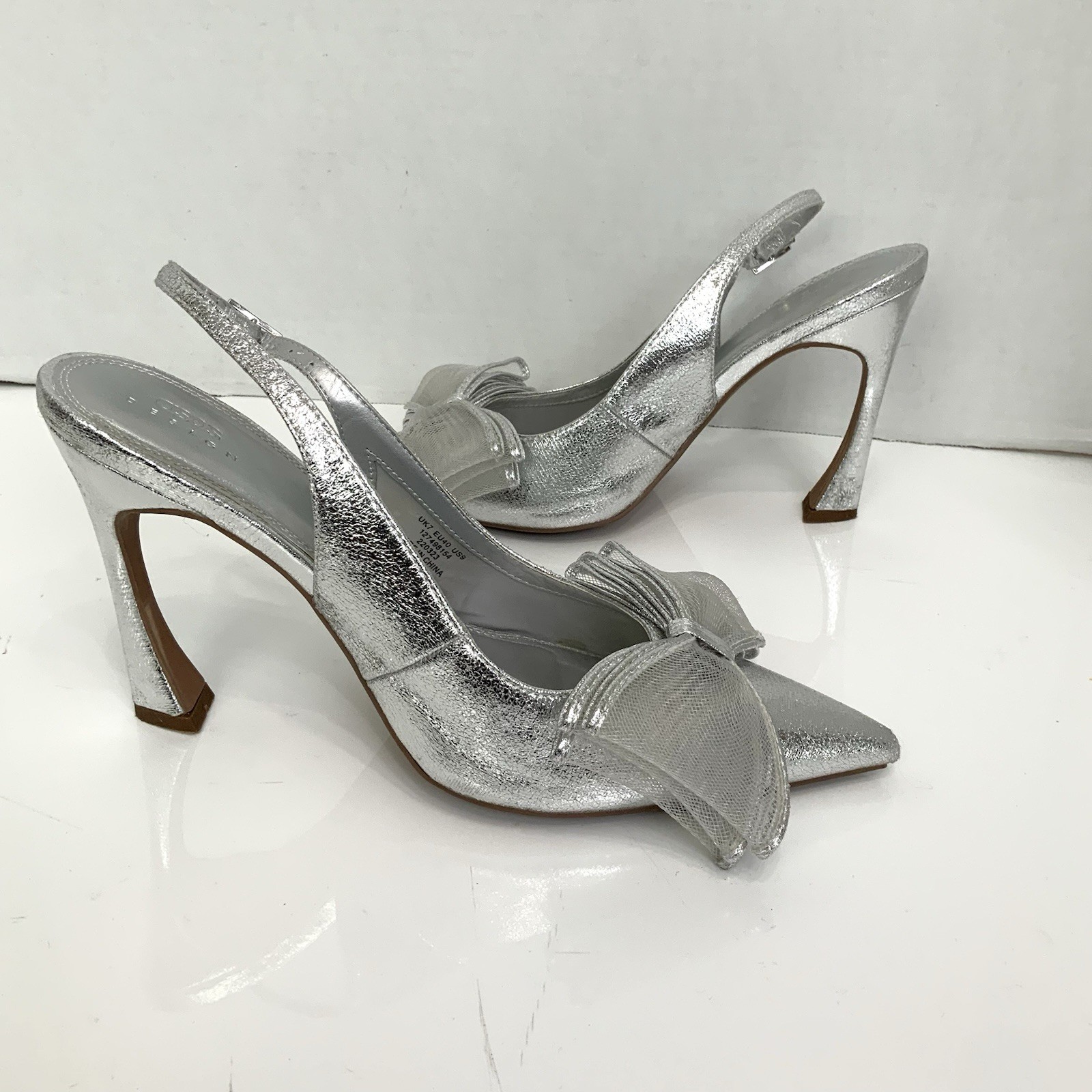 ASOS DESIGN Sz 9 Metallic Silver Princess Bow Slingback Heels Shoes Wedding