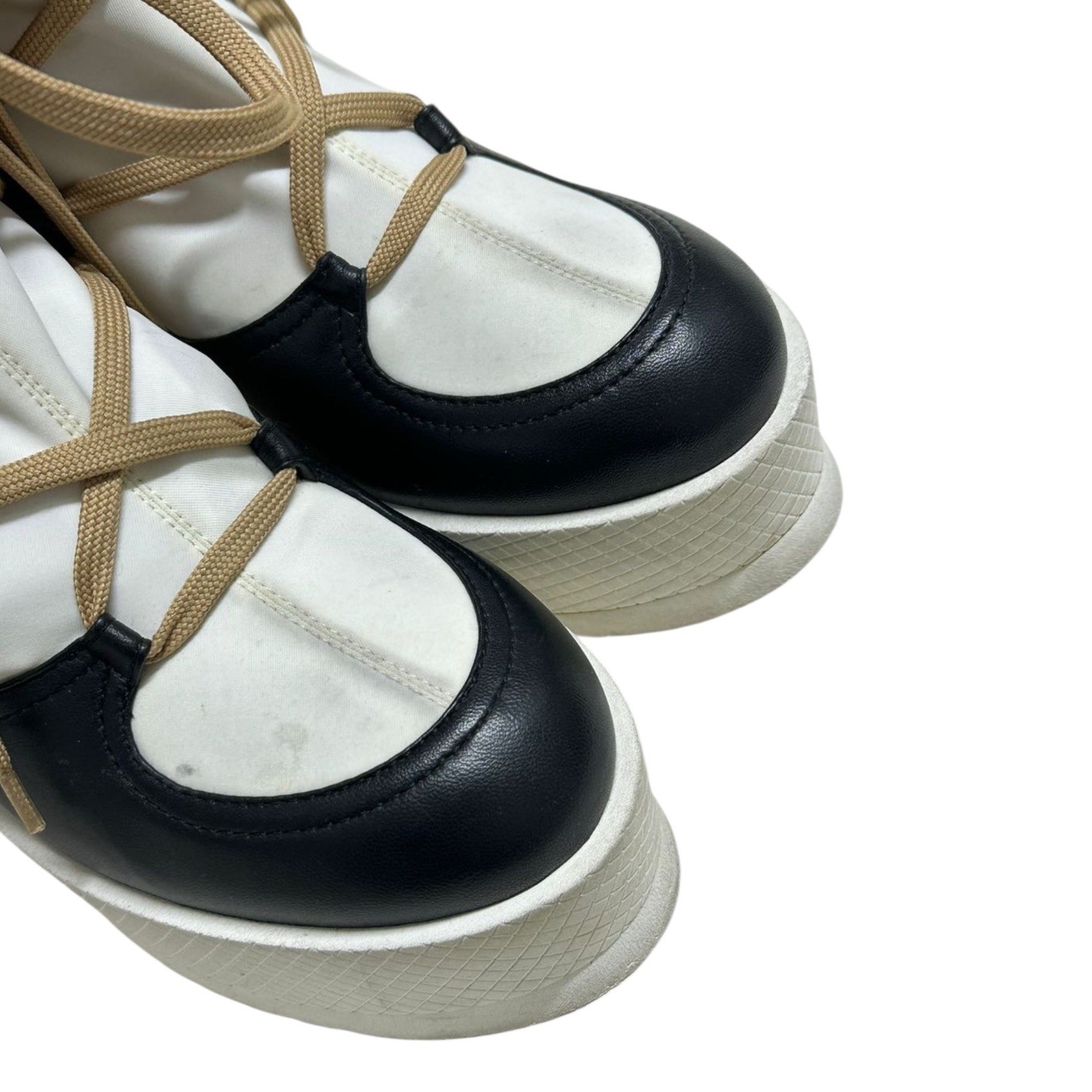 CHANEL White/Black Leather & Blended Fabric Lace Up Wedge Ankle Boots, Size 39.5