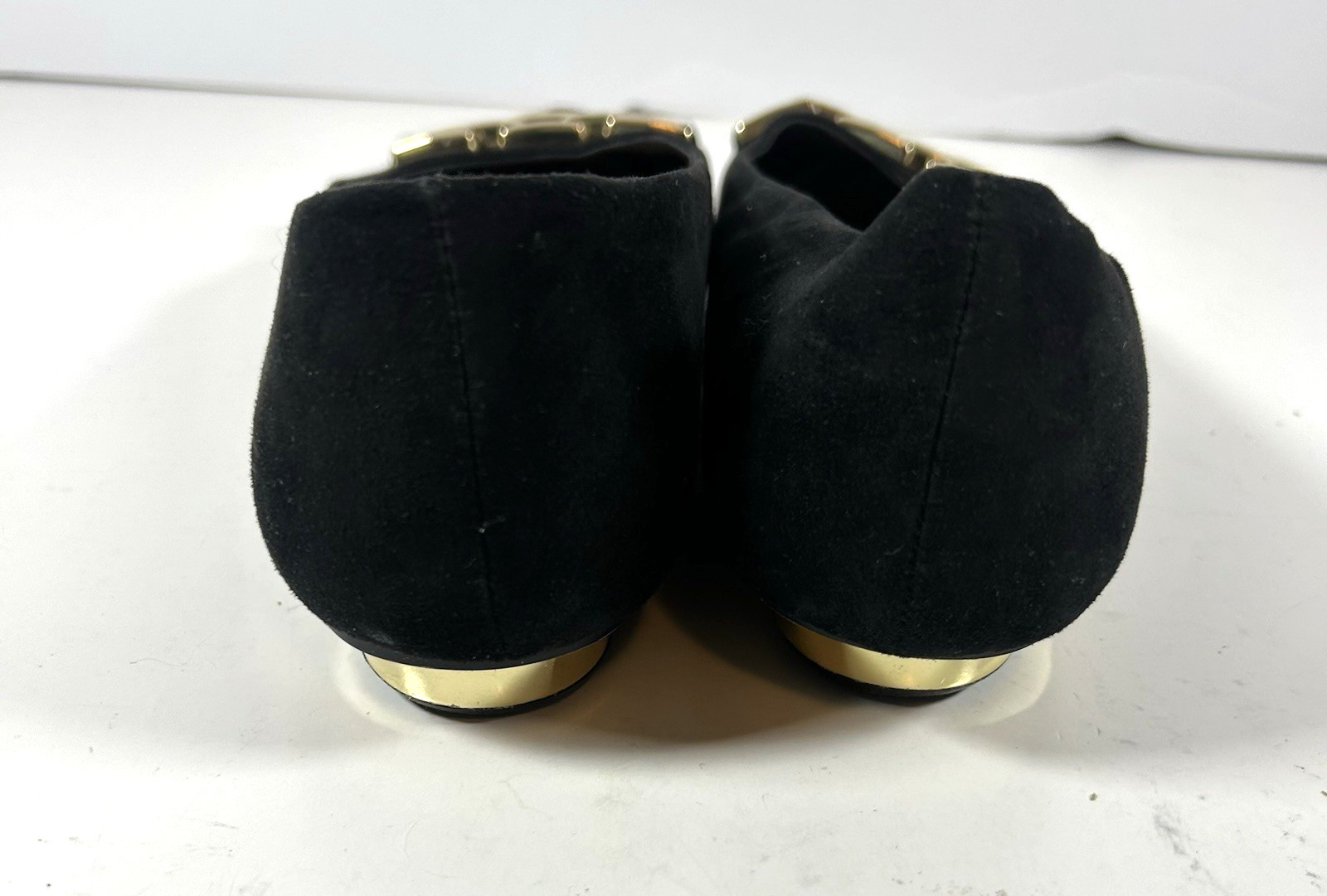 ZARA Black Suede Pointed Toe Flats with Gold LInk Chain & Gold Rimmed Heel