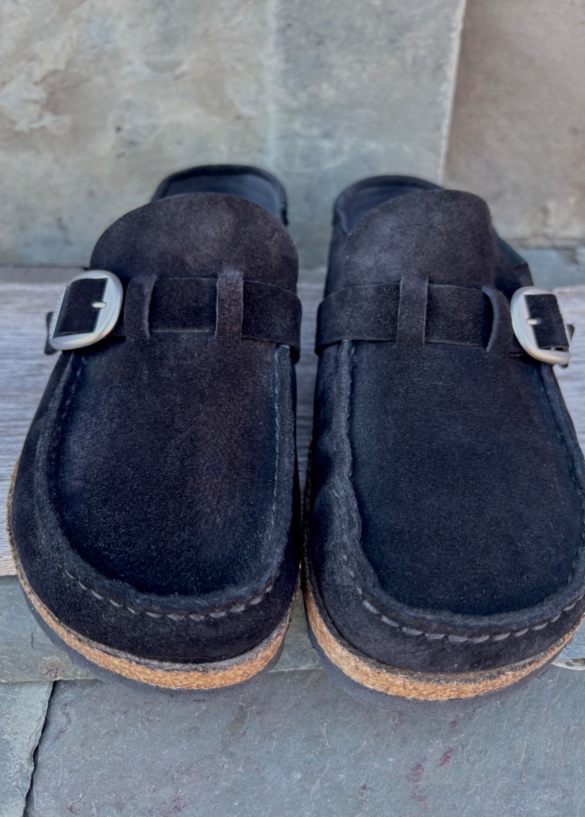 Nice! Birkenstock BUCKLEY (40/9N) Clogs Black Suede Slides Mules Strap w/ Buckle