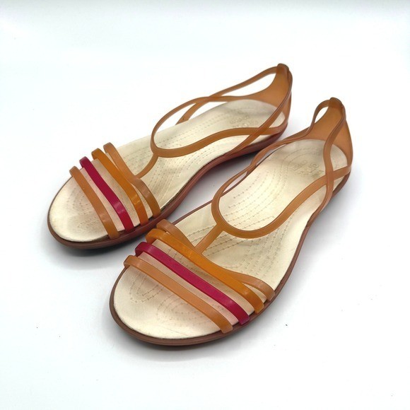 Crocs Isabella Strappy Sandals Women 8 Orange Pink Jelly Comfort Flat Shoe