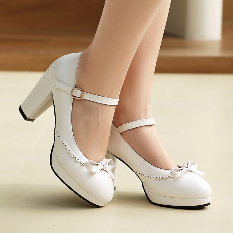 Women’s Block Heel Buckle Bow Mary Jane Casual Pump Sweet Ankle Strap Work Shoes