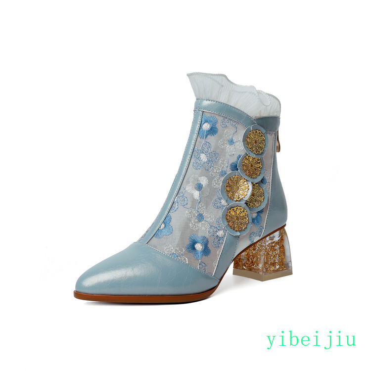 Women Embroidery Ankle Boot Chunky Heel Real Leather Shoes Elegant Spring Summer