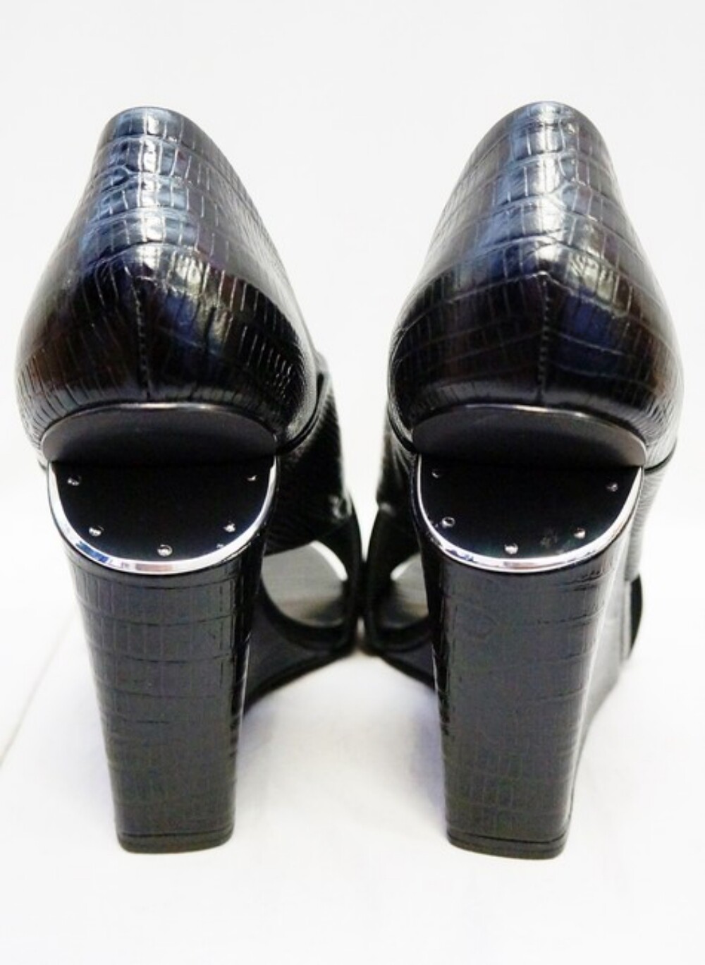NEW ALEXANDER WANG Black IDA Wedges Lizard Leather Peep Open Toe Sandals 38 8