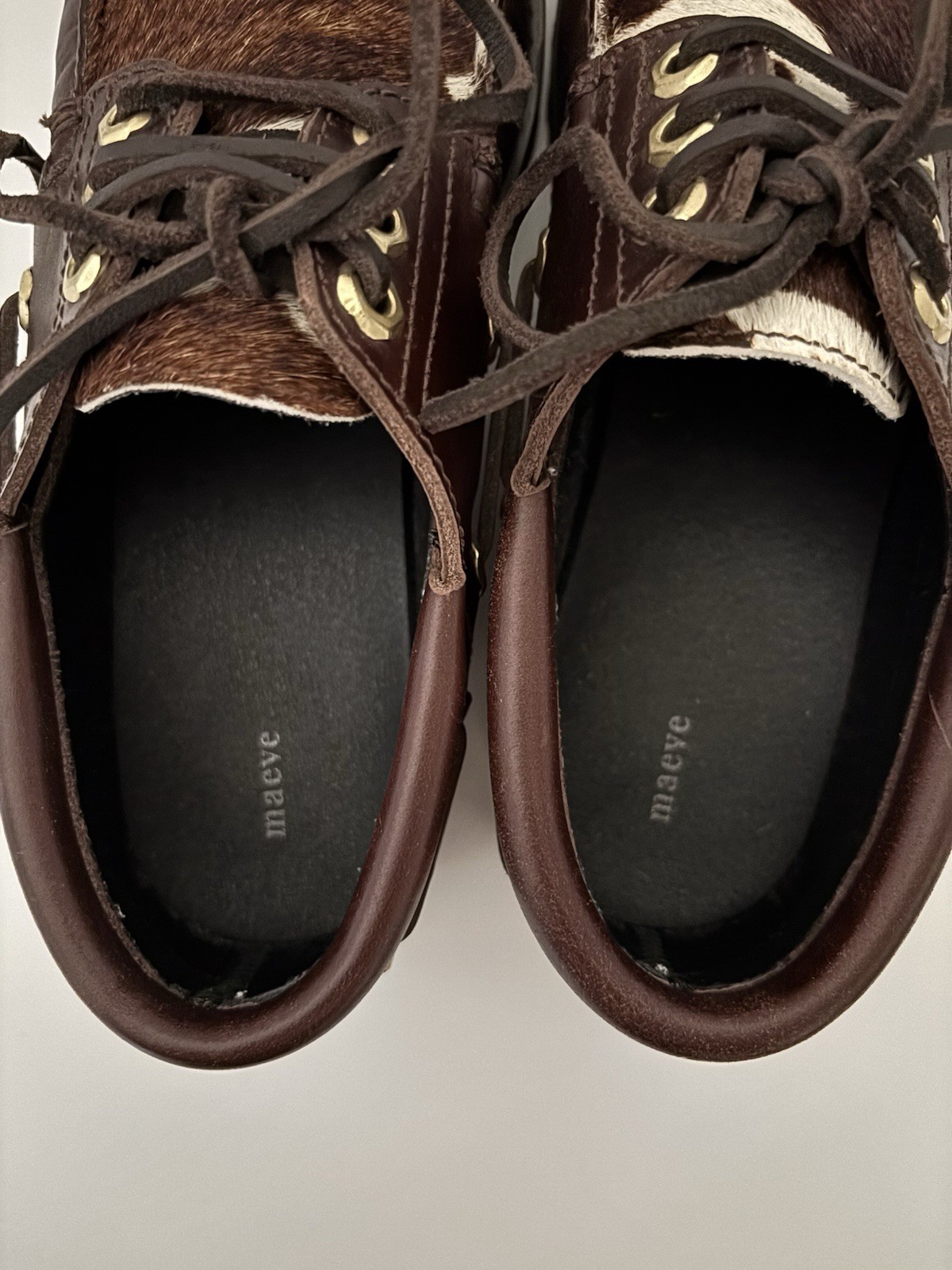 Anthropologie Maeve Lug Sole Boat Shoes Chocolate Brown Leather Cow Hair SZ 7.5