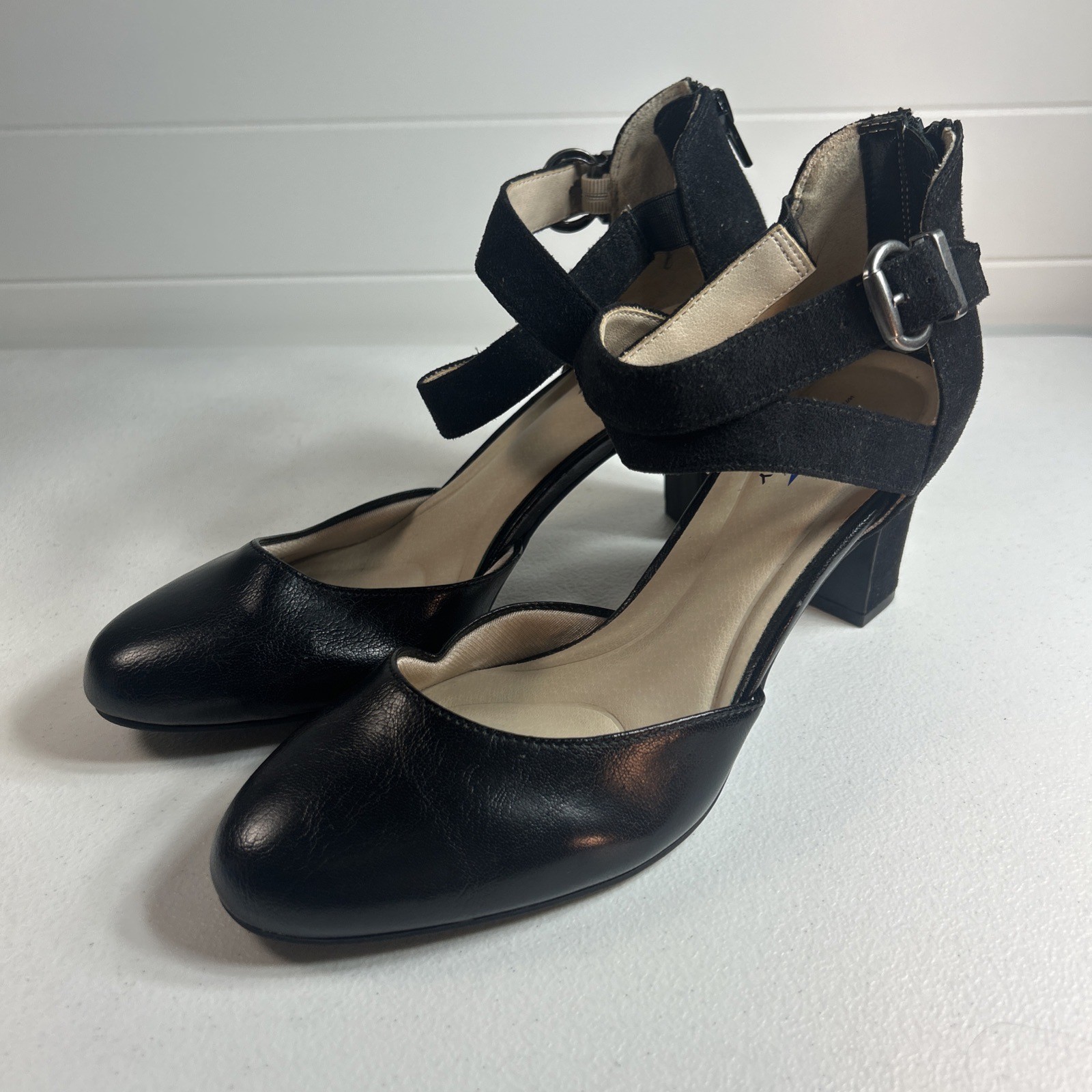 LifeStride Marlene Pumps Size 8.5 M Black Strappy Flex Comfort Zipper Heel Shoes