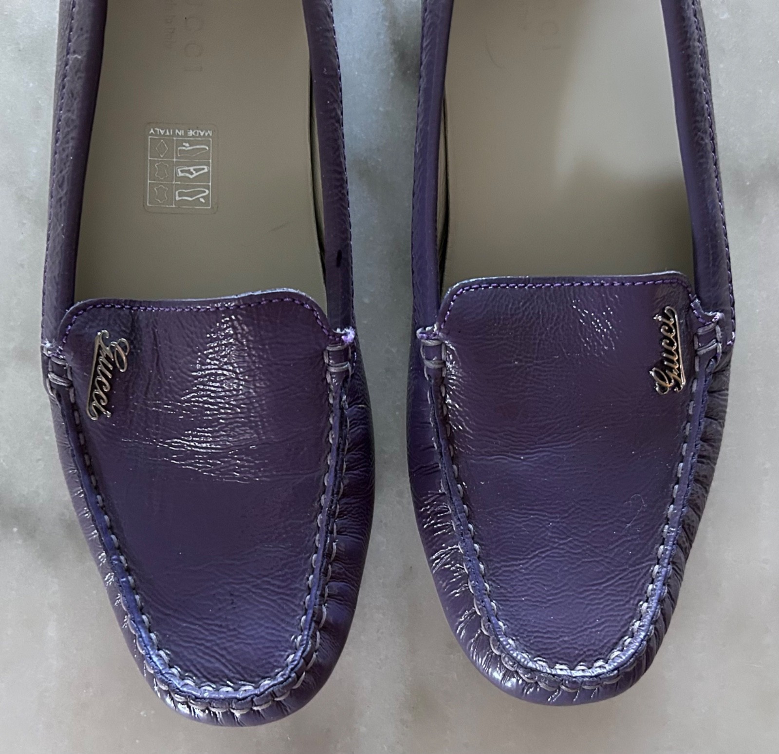 GUCCI Purple Patent Leather Script Logo Driving Loafers Shoes Womens 36 Italy