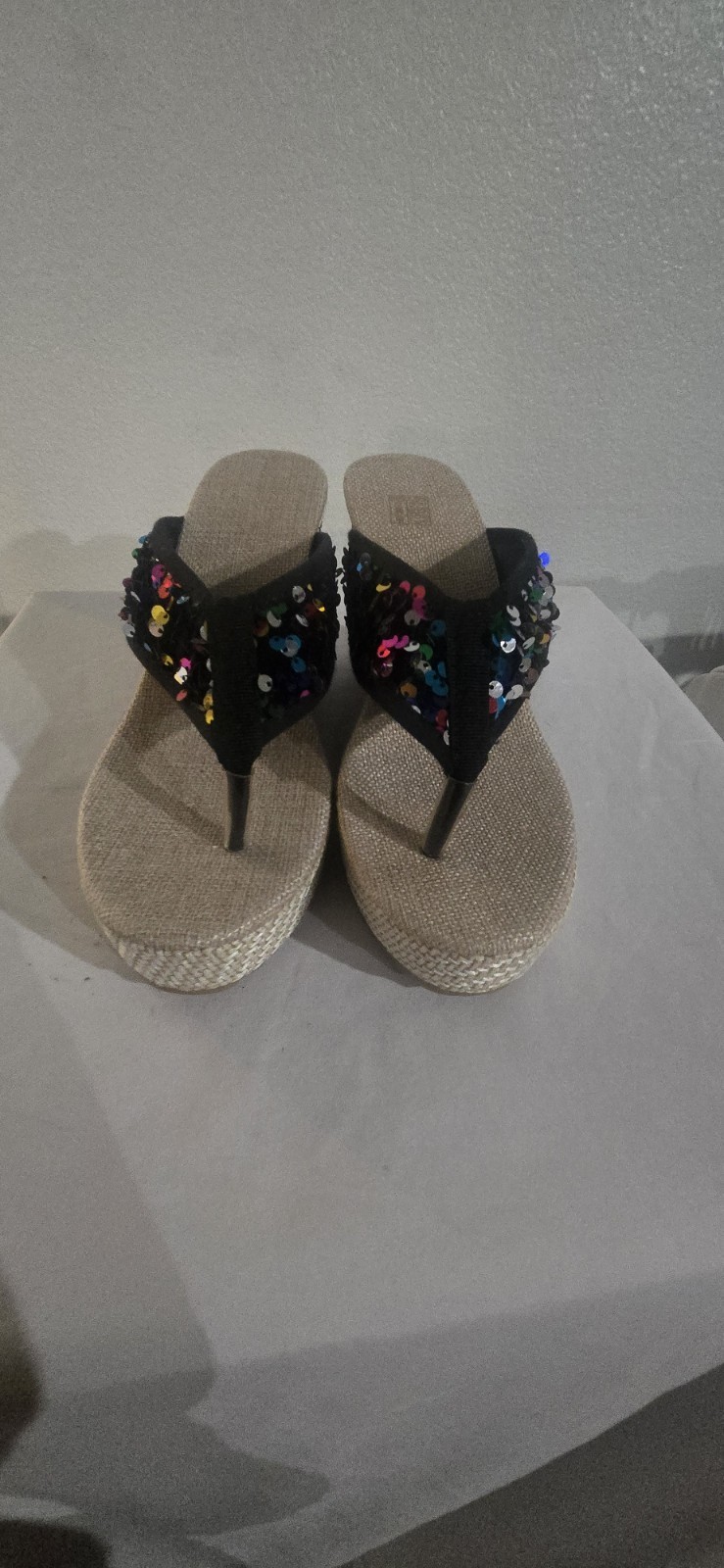 Beige Black Multicolor Sequin Thong Slip-On Wedge Sandals Women AU 11 EU 42
