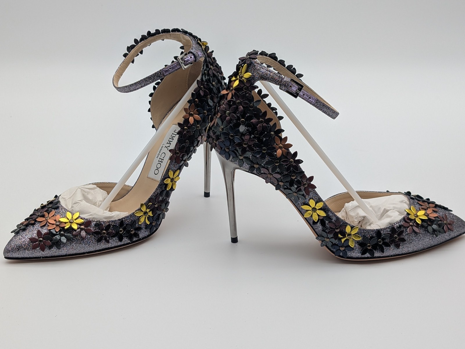 Wms Jimmy Choo Lorelai 100 FGW 155 Fine Glitter Leather Heels US 7.5 / EU 37.5