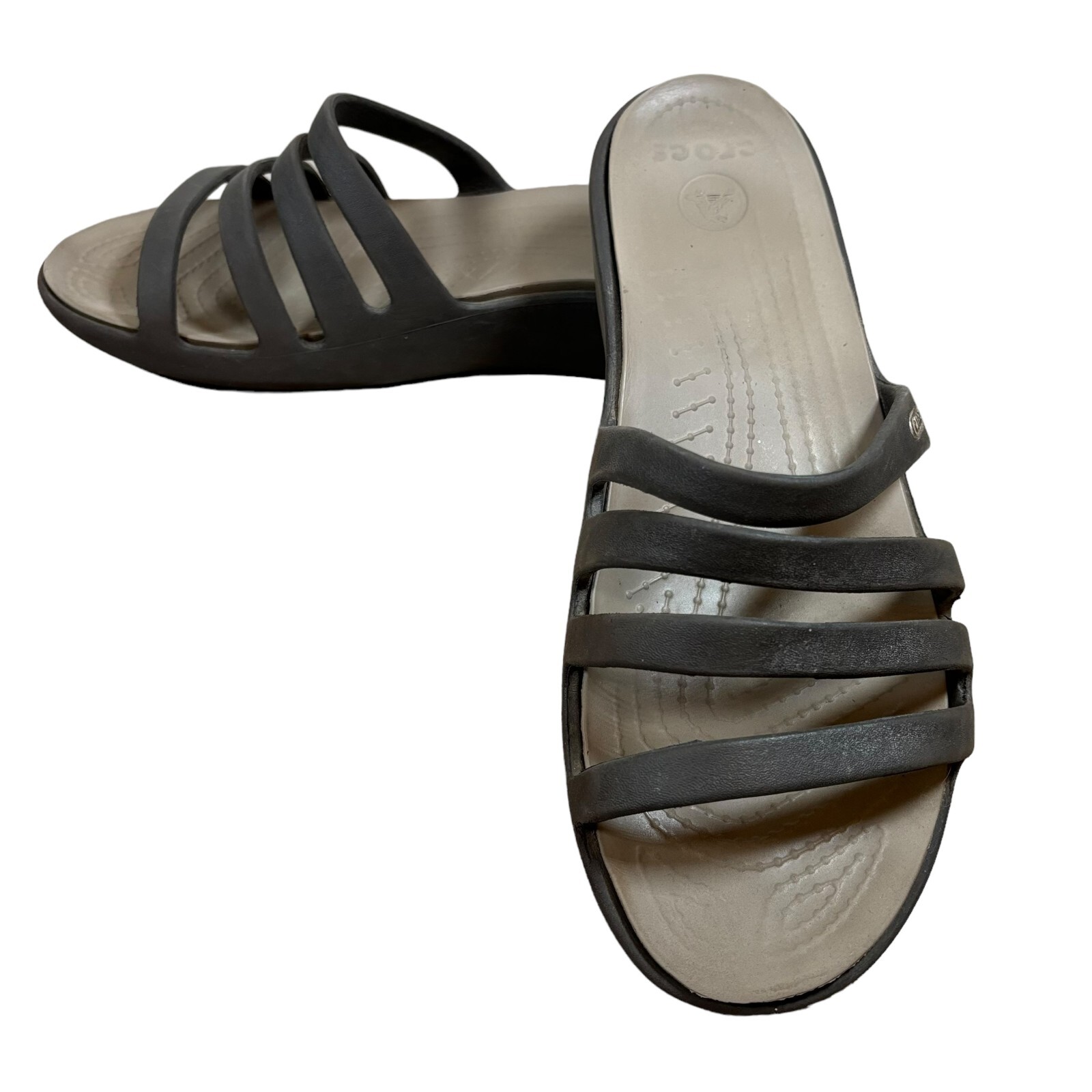 Crocs Rhonda Strappy Wedge Sandals Womens Size 10 Brown Tan Black Slides