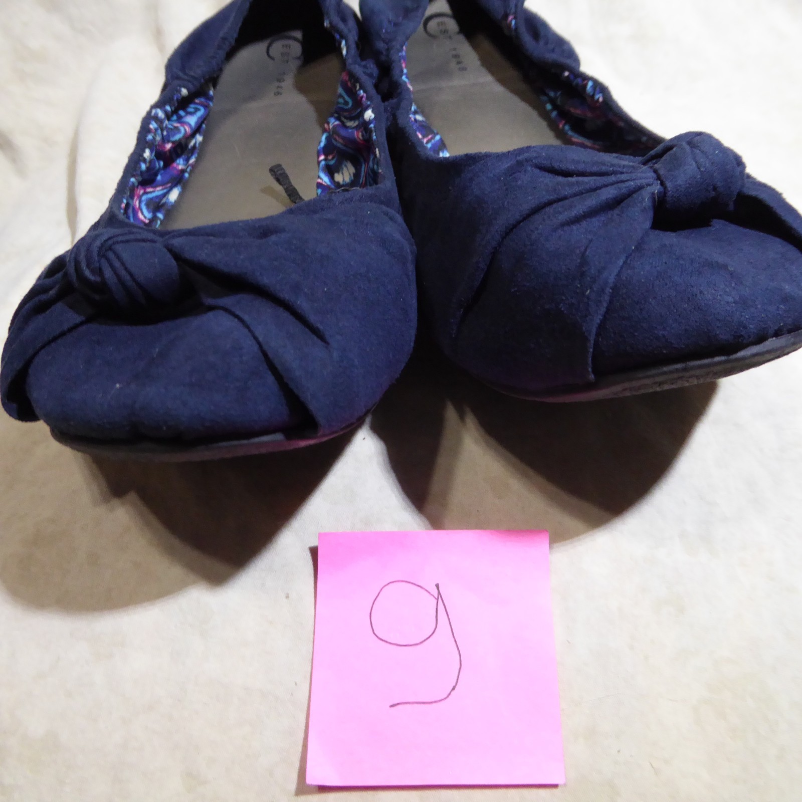 🩰 C est. 1946 Scrunch Ballet Flats 9 M Navy Blue Suede Textile; Knotted Straps